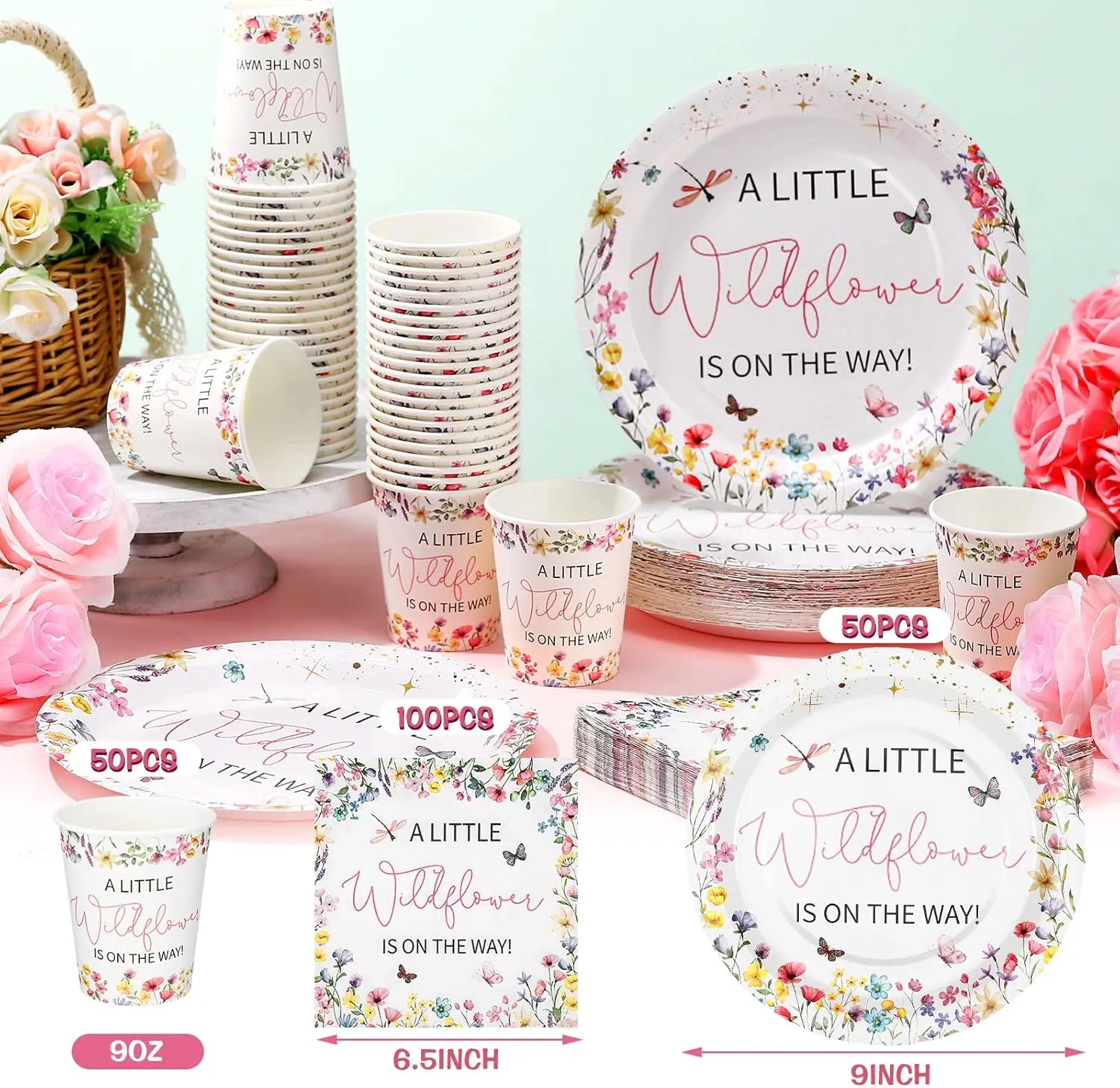 Hushee 200 Pcs Wildflower Baby Shower Paper Plates Napkins Cups Baby Shower Party Supplies Tableware Set A Little Wildflower Is On The Way Disposable Plates for 50 Guest Spring Summer Party Decor