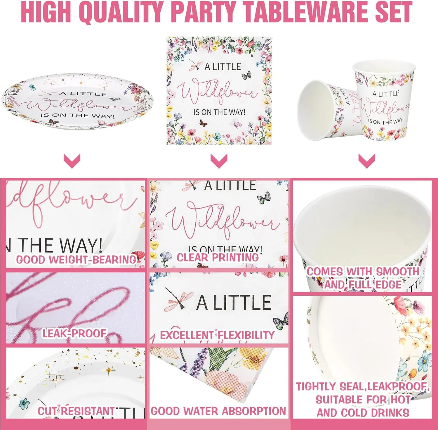 Hushee 200 Pcs Wildflower Baby Shower Paper Plates Napkins Cups Baby Shower Party Supplies Tableware Set A Little Wildflower Is On The Way Disposable Plates for 50 Guest Spring Summer Party Decor