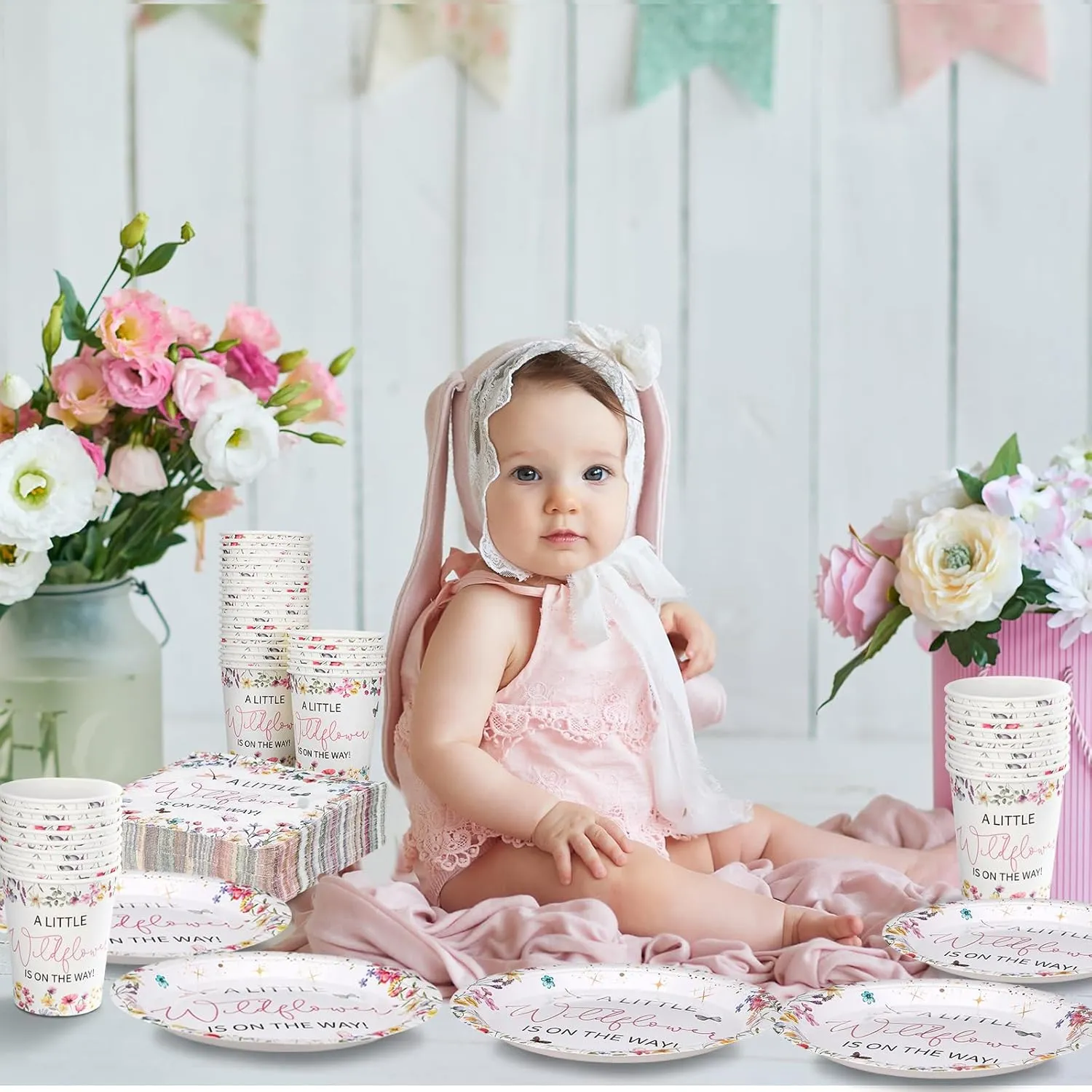 Hushee 200 Pcs Wildflower Baby Shower Paper Plates Napkins Cups Baby Shower Party Supplies Tableware Set A Little Wildflower Is On The Way Disposable Plates for 50 Guest Spring Summer Party Decor