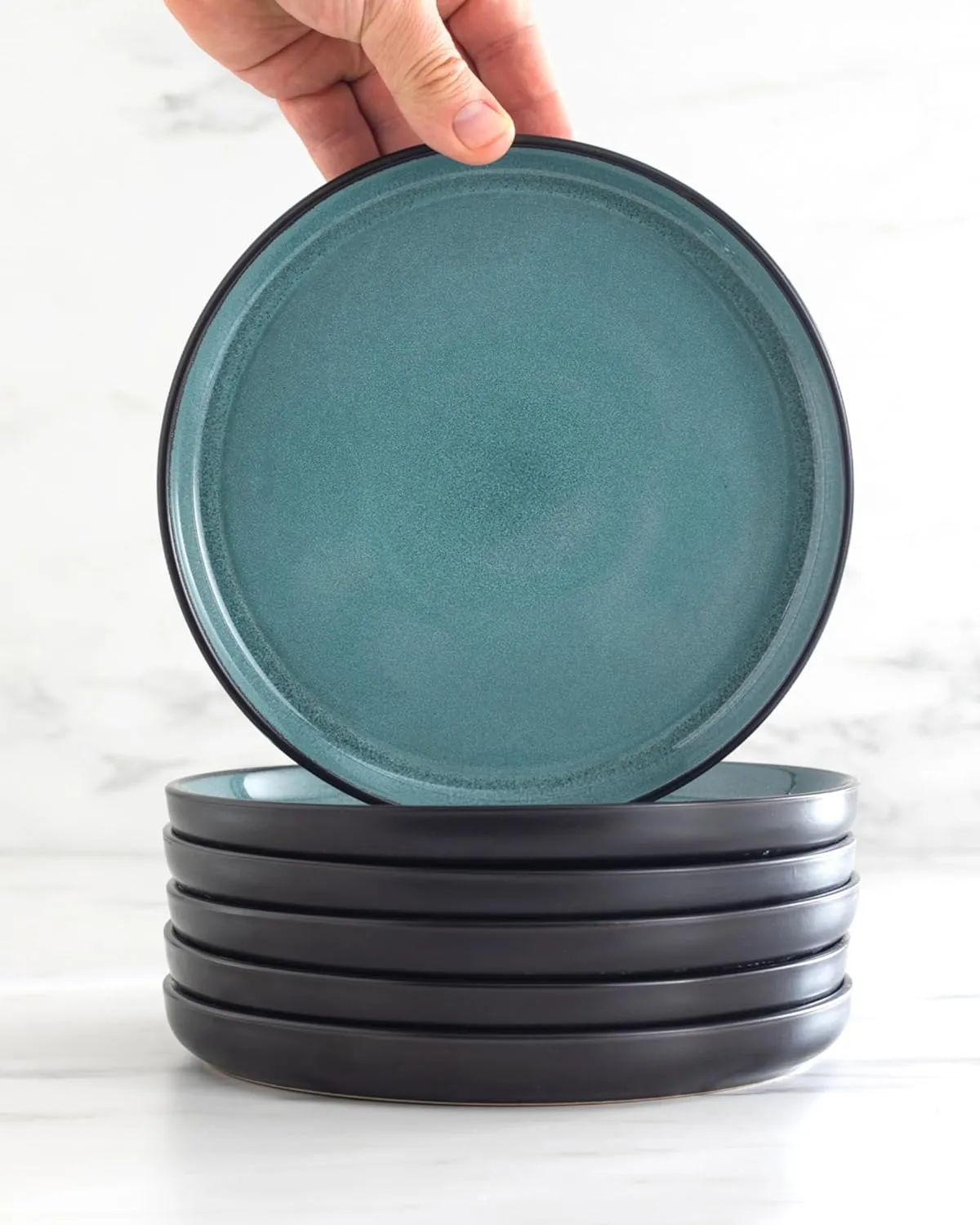 Ibiza-Style Stoneware Dinner Plates Set of 2, 10.2" Ceramic Plates With Lipped Edges, Dishwasher & Microwave Safe, Petrol Blue, Large