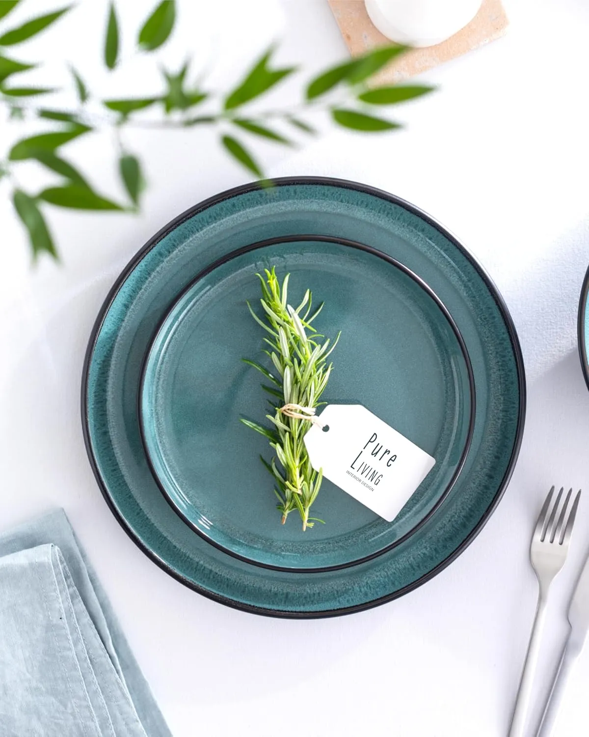 Ibiza-Style Stoneware Dinner Plates Set of 2, 10.2" Ceramic Plates With Lipped Edges, Dishwasher & Microwave Safe, Petrol Blue, Large