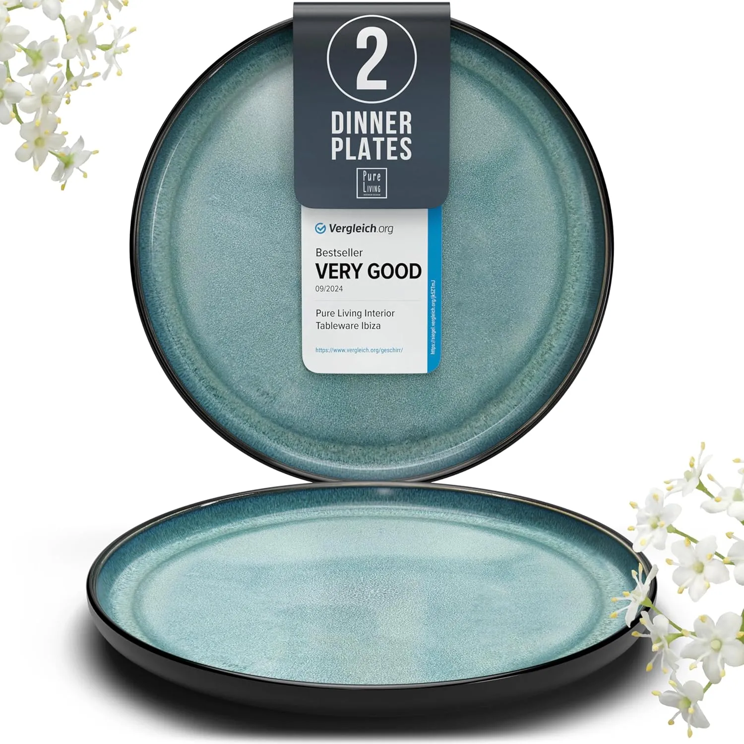 Ibiza-Style Stoneware Dinner Plates Set of 2, 10.2" Ceramic Plates With Lipped Edges, Dishwasher & Microwave Safe, Petrol Blue, Large