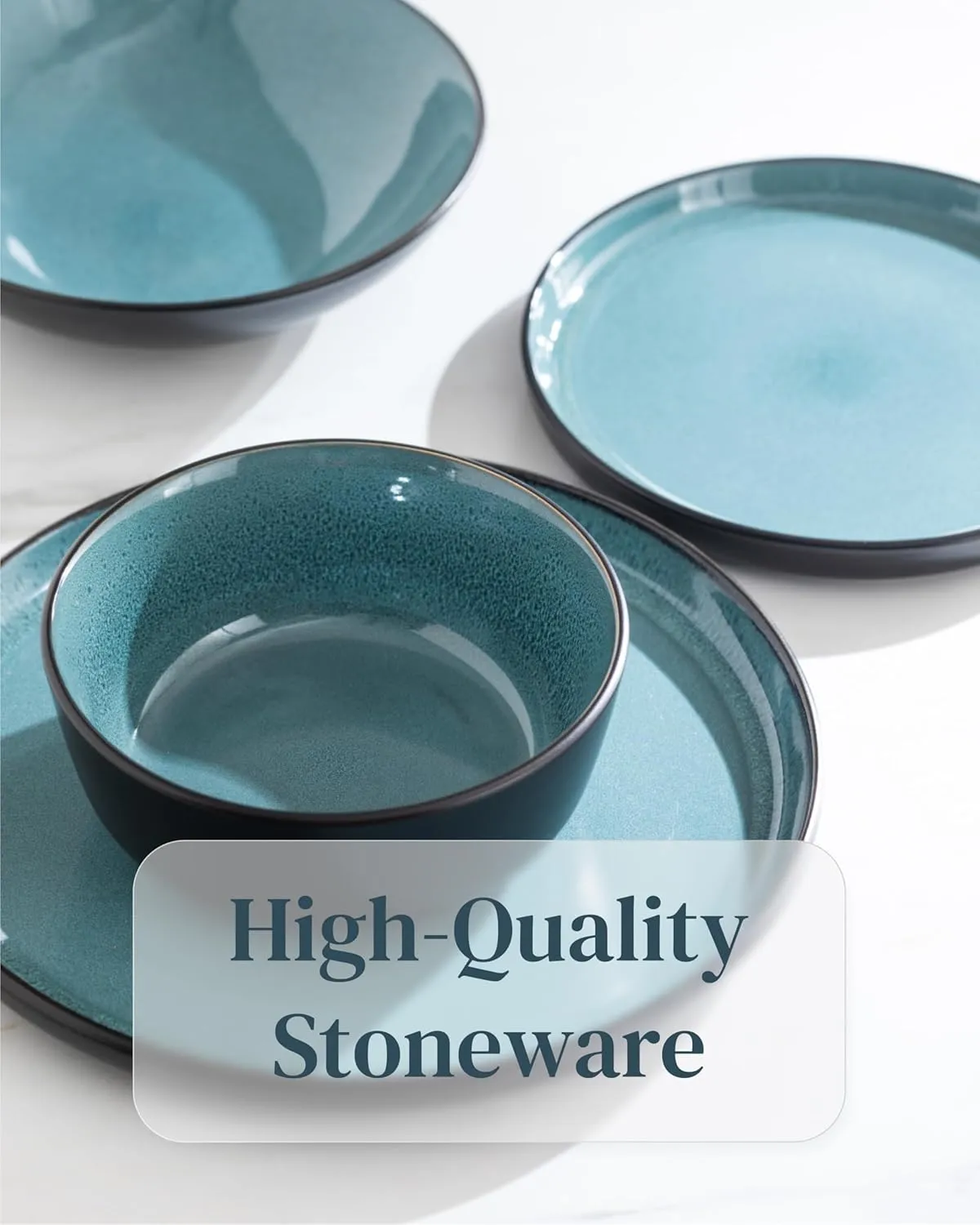 Ibiza-Style Stoneware Dinner Plates Set of 2, 10.2" Ceramic Plates With Lipped Edges, Dishwasher & Microwave Safe, Petrol Blue, Large