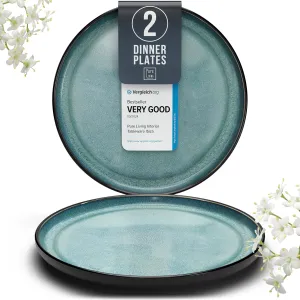 Ibiza-Style Stoneware Dinner Plates Set of 2, 10.2" Ceramic Plates With Lipped Edges, Dishwasher & Microwave Safe, Petrol Blue, Large