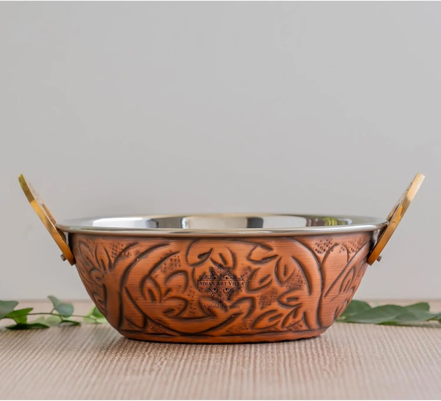 Indian Art Villa Steel Copper Wok for Serving with Embossed Design – Traditional Handcrafted Copper Serveware & Tableware, Antique Finish Kadhai, Capacity-17 oz, Set of 4