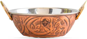 Indian Art Villa Steel Copper Wok for Serving with Embossed Design – Traditional Handcrafted Copper Serveware & Tableware, Antique Finish Kadhai, Capacity-17 oz, Set of 4