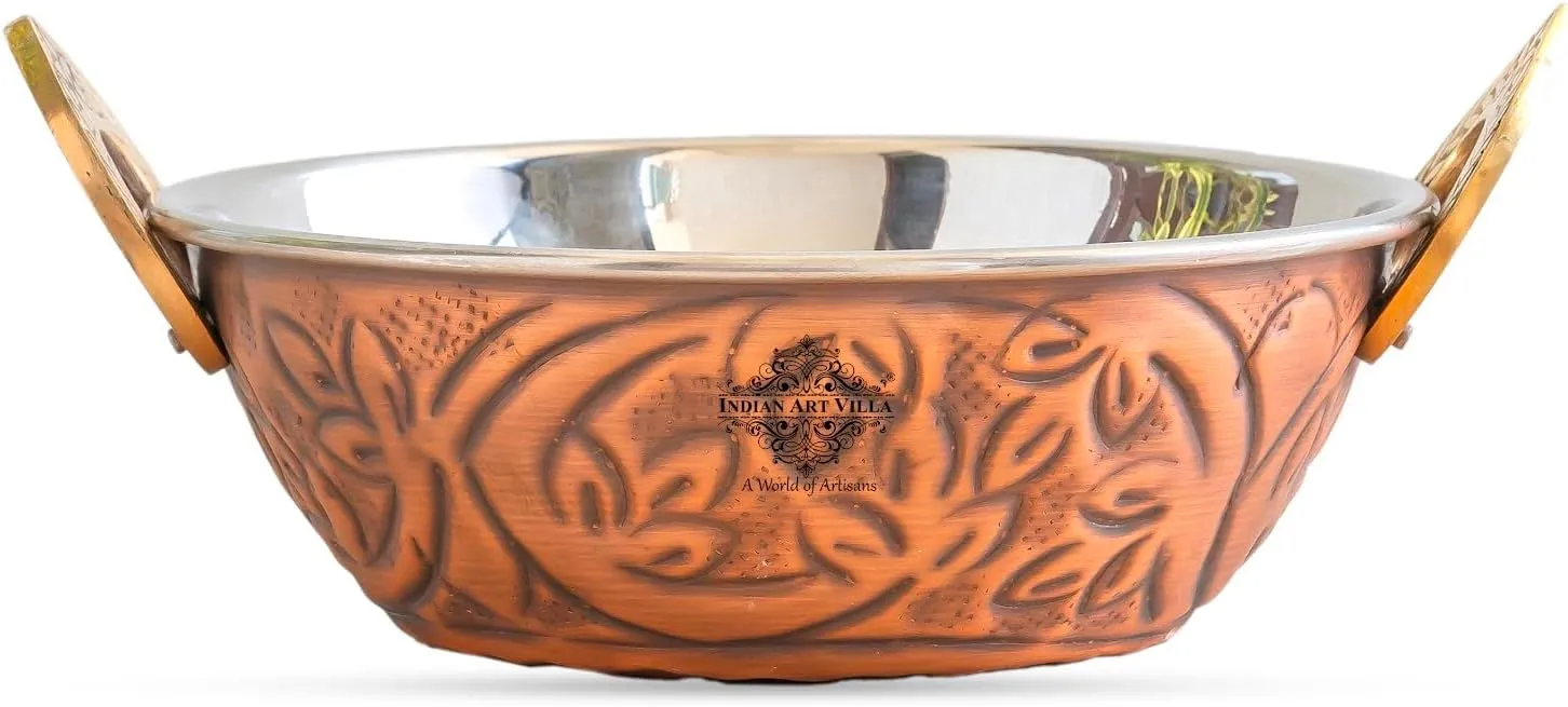 Indian Art Villa Steel Copper Wok for Serving with Embossed Design – Traditional Handcrafted Copper Serveware & Tableware, Antique Finish Kadhai, Capacity-17 oz, Set of 4