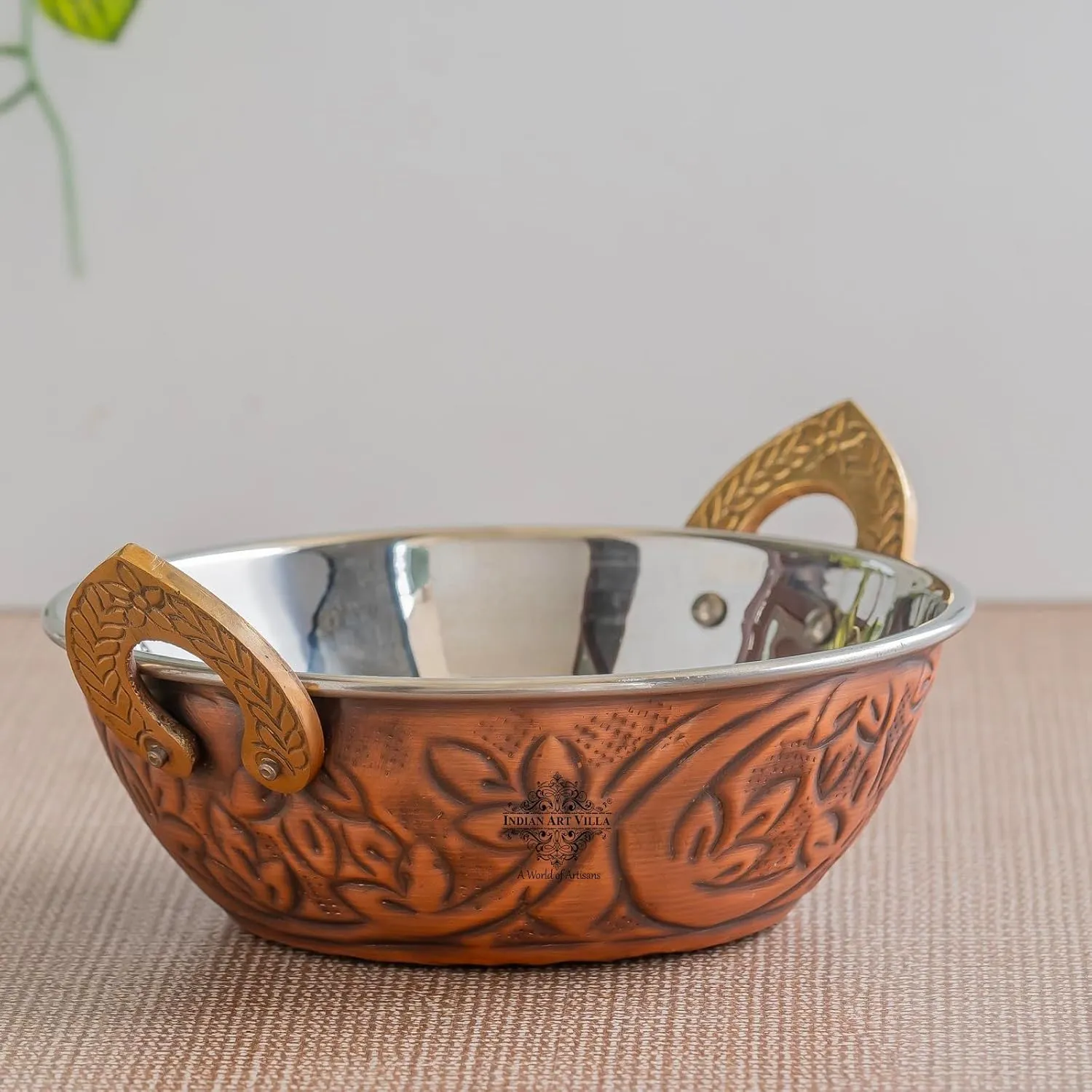 Indian Art Villa Steel Copper Wok for Serving with Embossed Design – Traditional Handcrafted Copper Serveware & Tableware, Antique Finish Kadhai, Capacity-17 oz, Set of 4