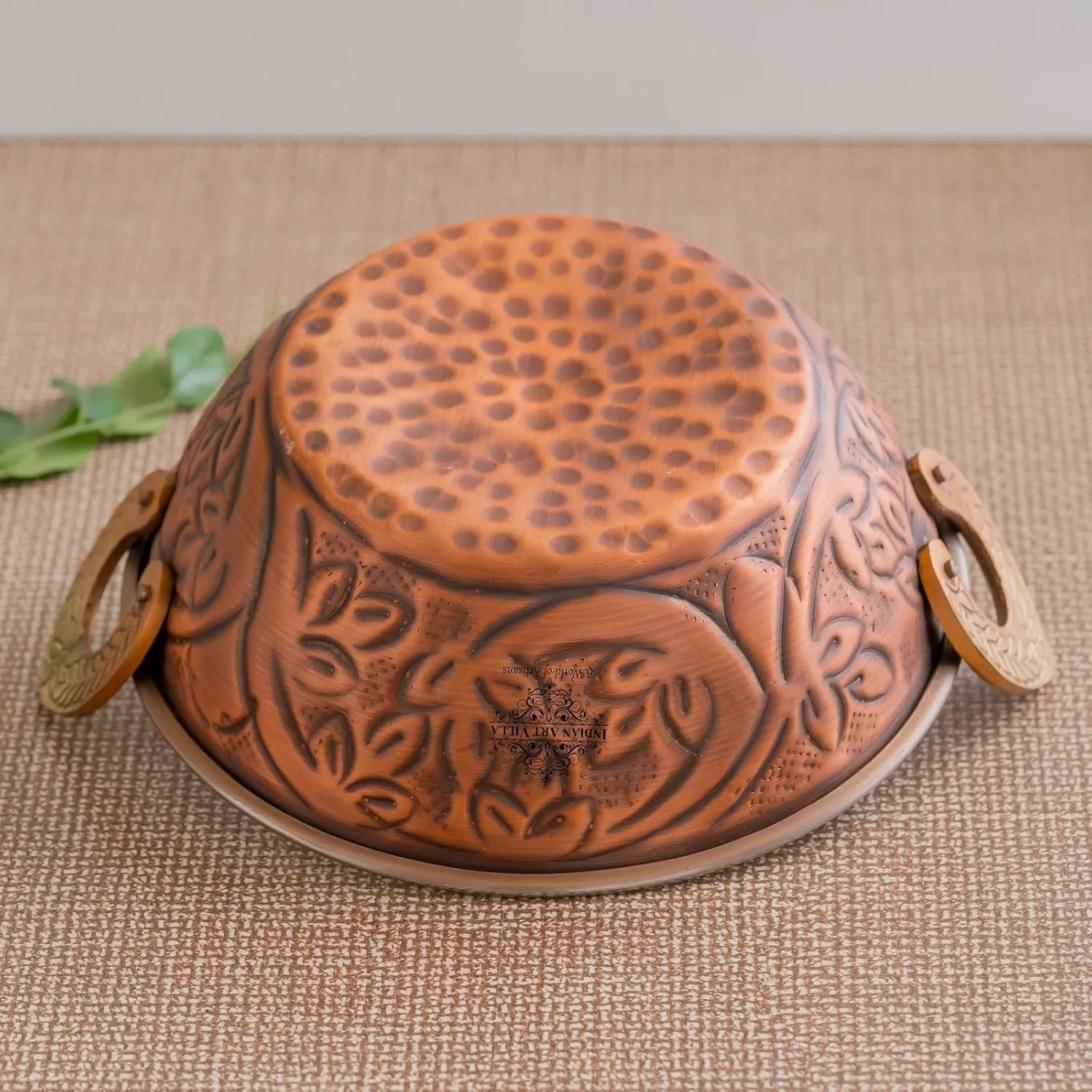 Indian Art Villa Steel Copper Wok for Serving with Embossed Design – Traditional Handcrafted Copper Serveware & Tableware, Antique Finish Kadhai, Capacity-17 oz, Set of 4