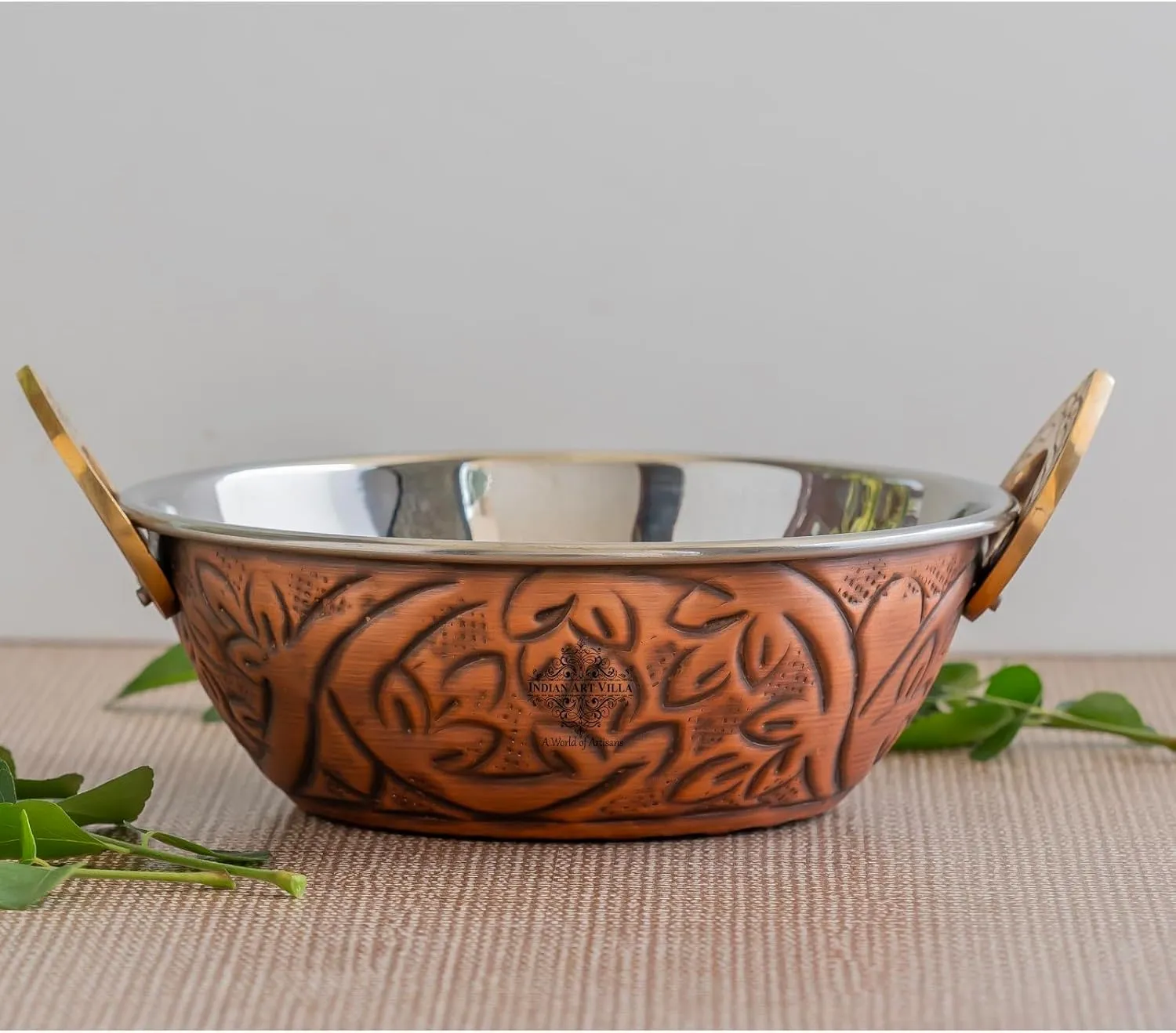 Indian Art Villa Steel Copper Wok for Serving with Embossed Design – Traditional Handcrafted Copper Serveware & Tableware, Antique Finish Kadhai, Capacity-17 oz, Set of 4