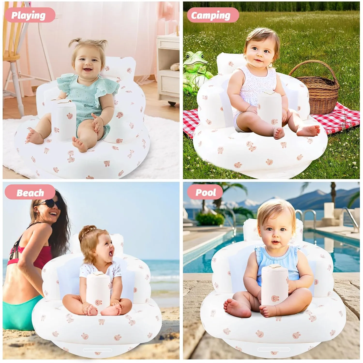 Inflatable Baby Chair, Inflatable Baby Seat for Babies 3 Months and Up, Summer Blow Up Chair with Built in Air Pump, Bumbo Seat for Learning to Sit, Palying, Camping, Rabbit