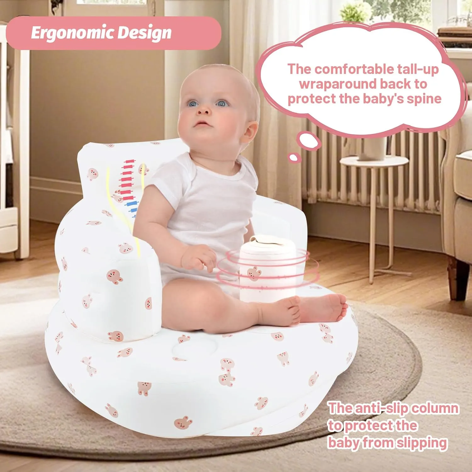 Inflatable Baby Chair, Inflatable Baby Seat for Babies 3 Months and Up, Summer Blow Up Chair with Built in Air Pump, Bumbo Seat for Learning to Sit, Palying, Camping, Rabbit