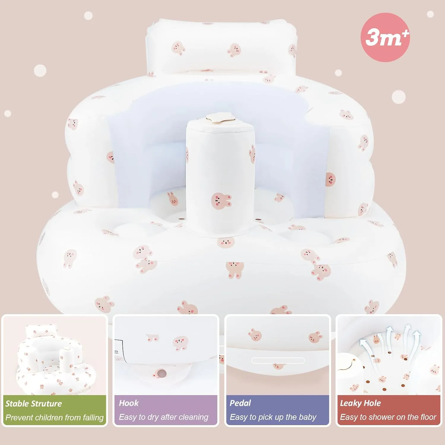 Inflatable Baby Chair, Inflatable Baby Seat for Babies 3 Months and Up, Summer Blow Up Chair with Built in Air Pump, Bumbo Seat for Learning to Sit, Palying, Camping, Rabbit