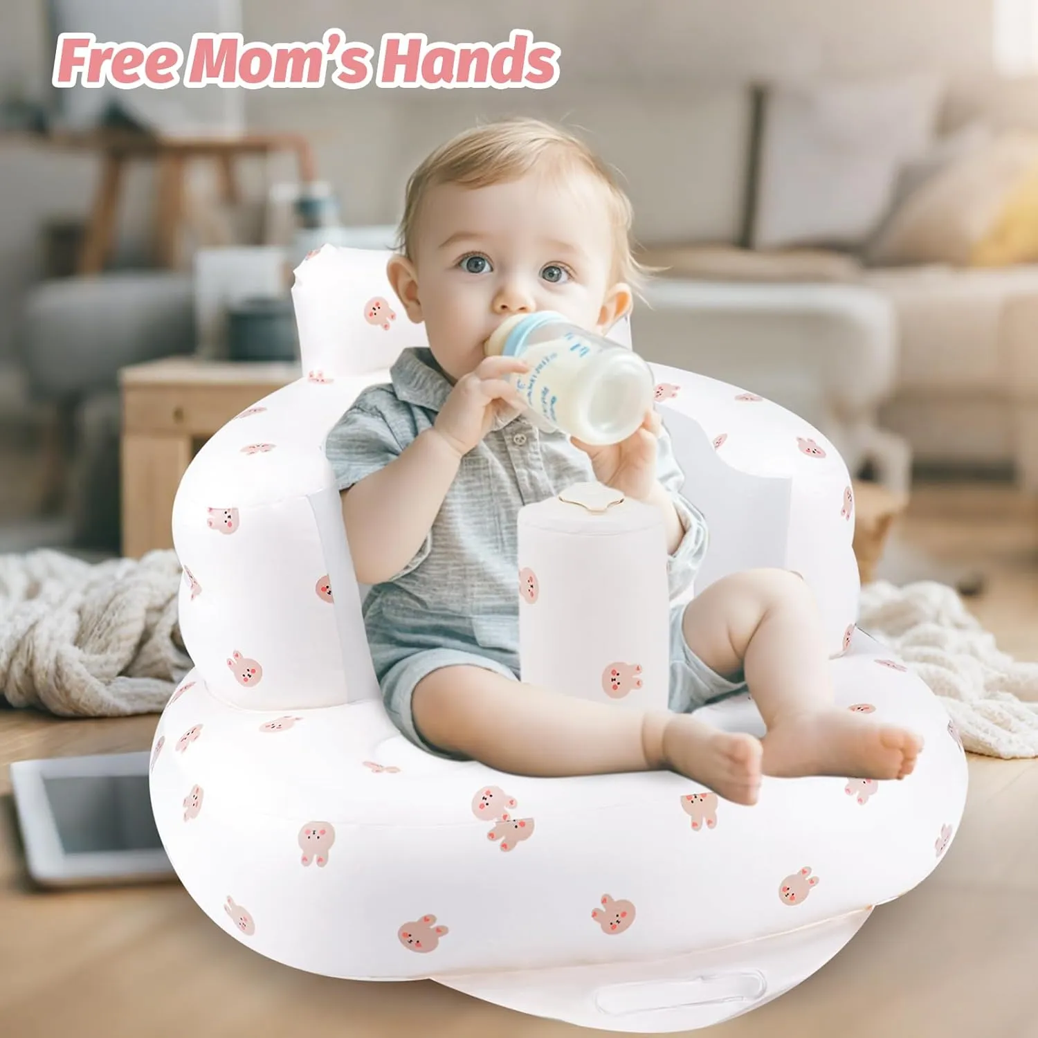 Inflatable Baby Chair, Inflatable Baby Seat for Babies 3 Months and Up, Summer Blow Up Chair with Built in Air Pump, Bumbo Seat for Learning to Sit, Palying, Camping, Rabbit