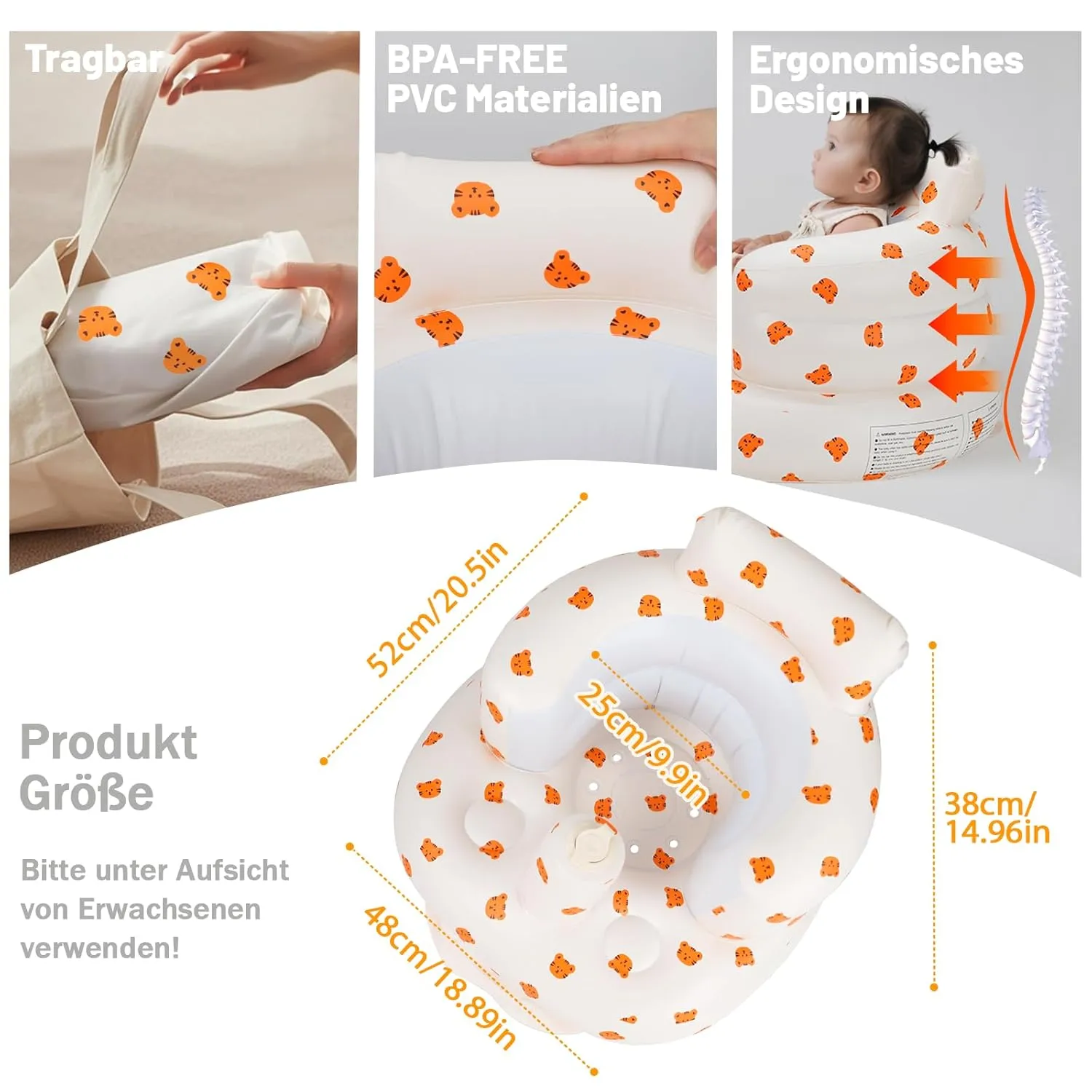 Inflatable Baby Chair, Inflatable Baby Seat for Babies 3 Months and Up, Summer Blow Up Chair with Built in Air Pump, Bumbo Seat for Learning to Sit, Palying, Camping, Tiger