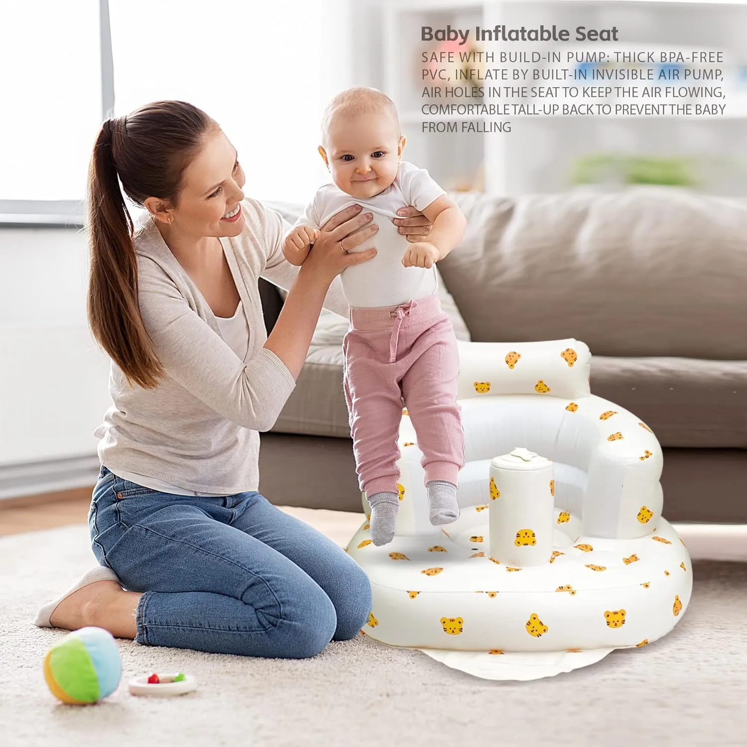 Inflatable Baby Chair, Inflatable Baby Seat for Babies 3 Months and Up, Summer Blow Up Chair with Built in Air Pump, Bumbo Seat for Learning to Sit, Palying, Camping, Tiger