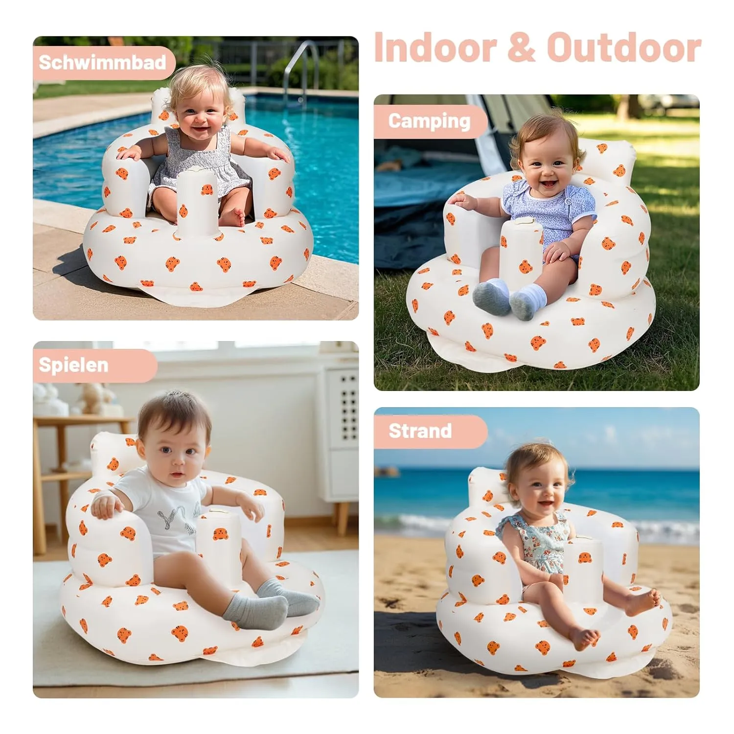 Inflatable Baby Chair, Inflatable Baby Seat for Babies 3 Months and Up, Summer Blow Up Chair with Built in Air Pump, Bumbo Seat for Learning to Sit, Palying, Camping, Tiger