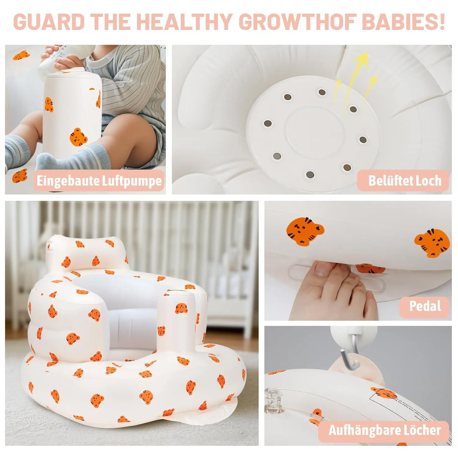 Inflatable Baby Chair, Inflatable Baby Seat for Babies 3 Months and Up, Summer Blow Up Chair with Built in Air Pump, Bumbo Seat for Learning to Sit, Palying, Camping, Tiger
