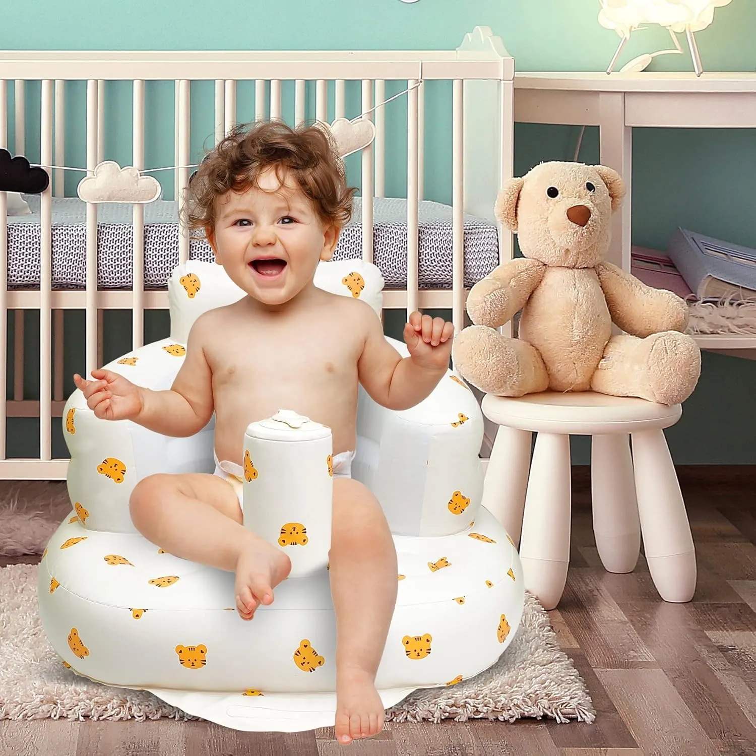 Inflatable Baby Chair, Inflatable Baby Seat for Babies 3 Months and Up, Summer Blow Up Chair with Built in Air Pump, Bumbo Seat for Learning to Sit, Palying, Camping, Tiger