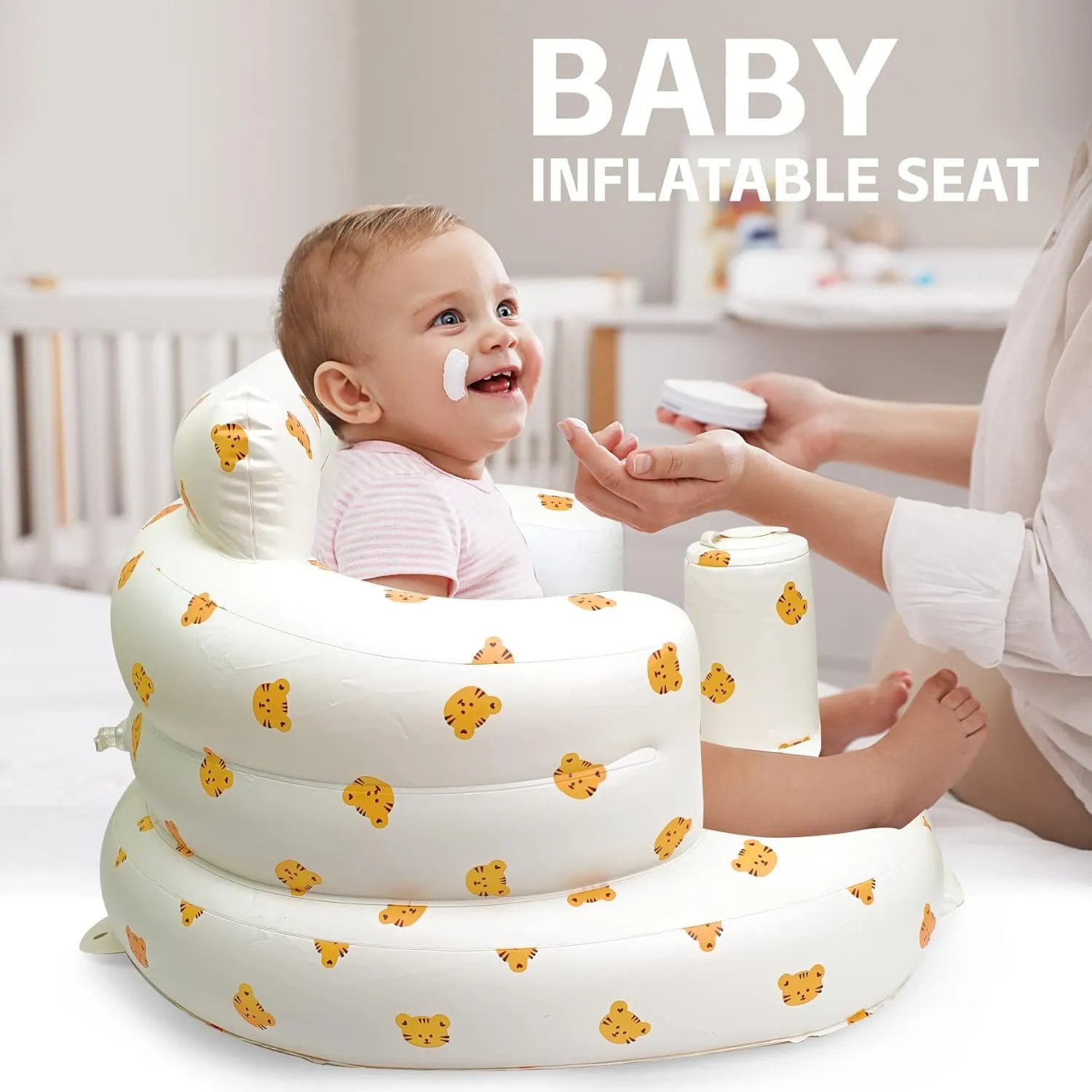 Inflatable Baby Chair, Inflatable Baby Seat for Babies 3 Months and Up, Summer Blow Up Chair with Built in Air Pump, Bumbo Seat for Learning to Sit, Palying, Camping, Tiger