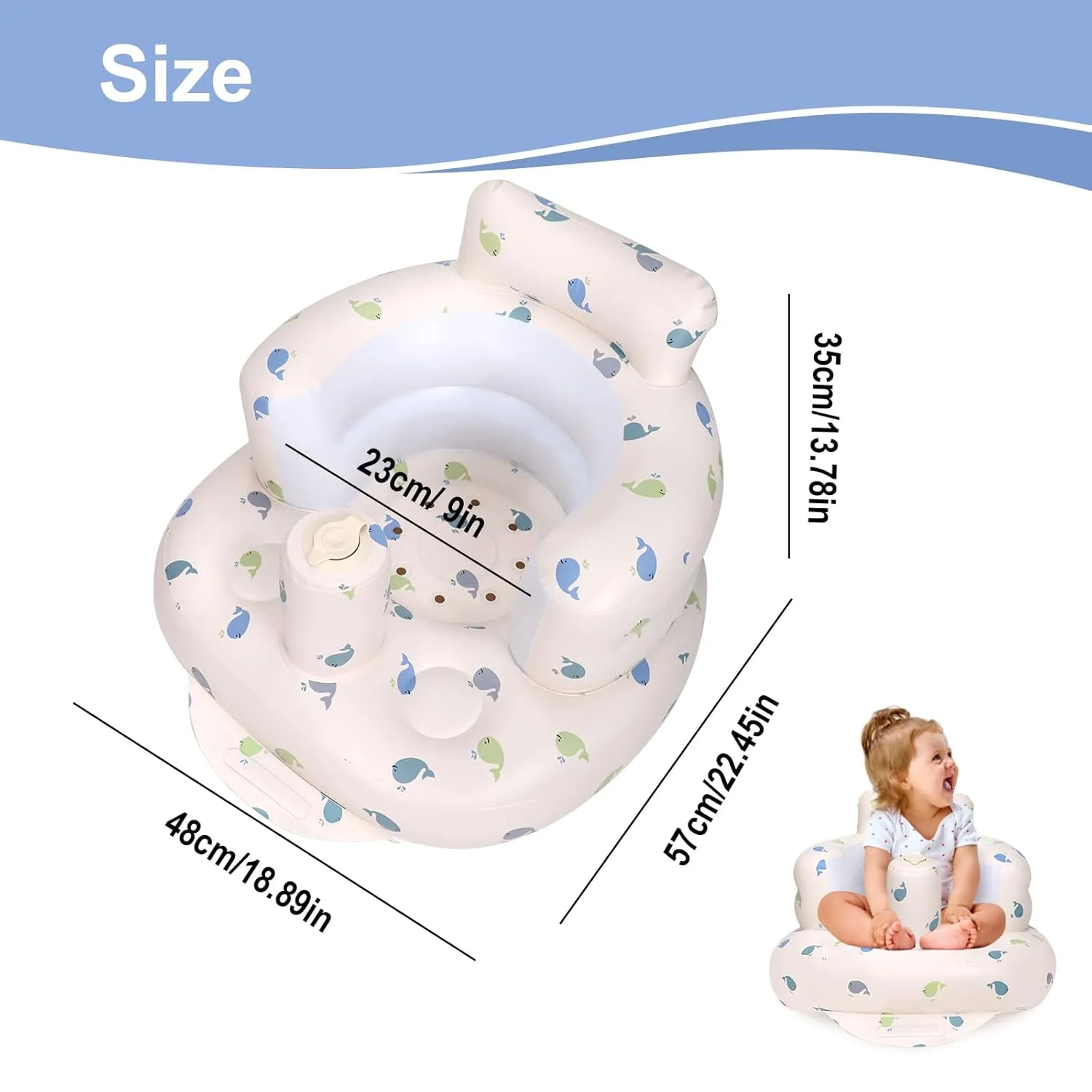 Inflatable Baby Chair, Inflatable Baby Seat for Babies 3 Months and Up, Summer Blow Up Chair with Built in Air Pump, Bumbo Seat for Learning to Sit, Palying, Camping, Whale