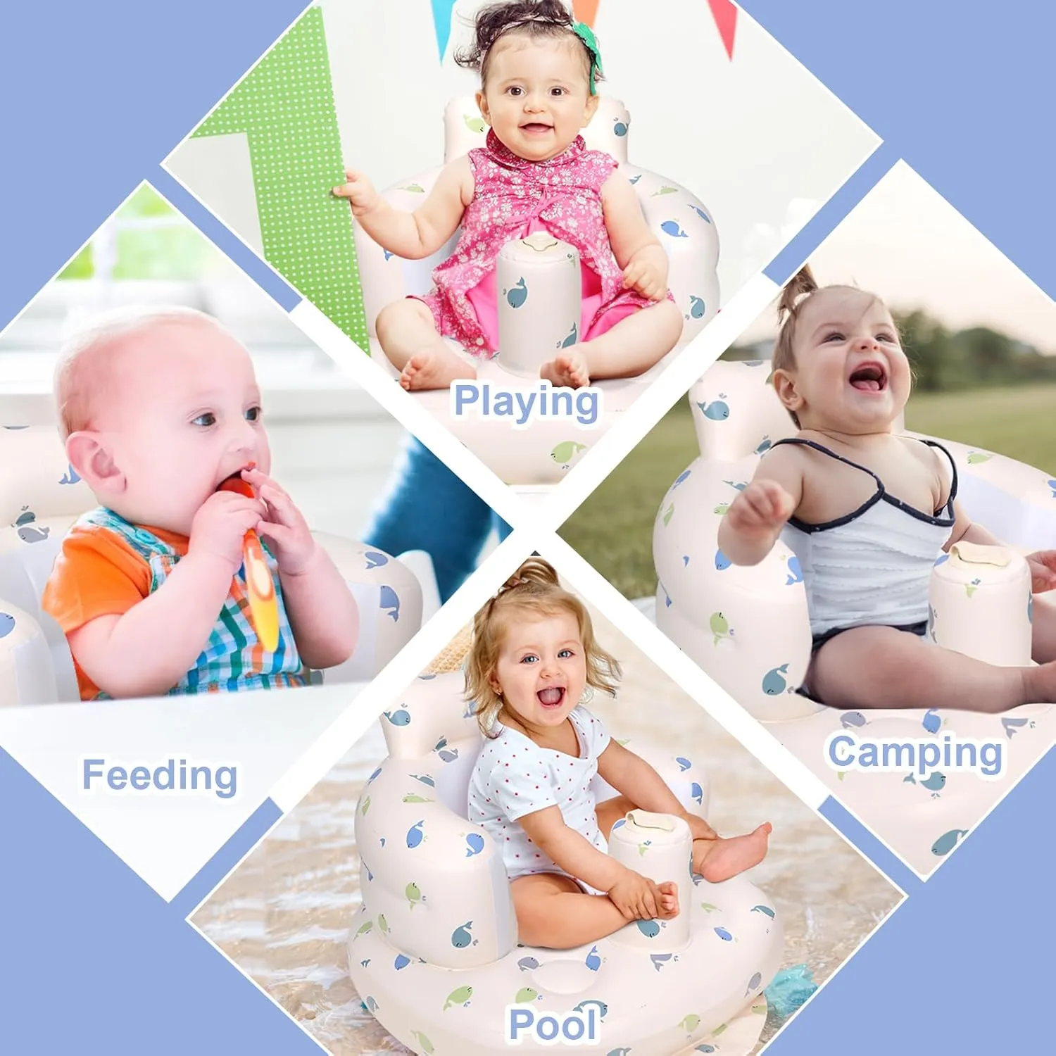 Inflatable Baby Chair, Inflatable Baby Seat for Babies 3 Months and Up, Summer Blow Up Chair with Built in Air Pump, Bumbo Seat for Learning to Sit, Palying, Camping, Whale