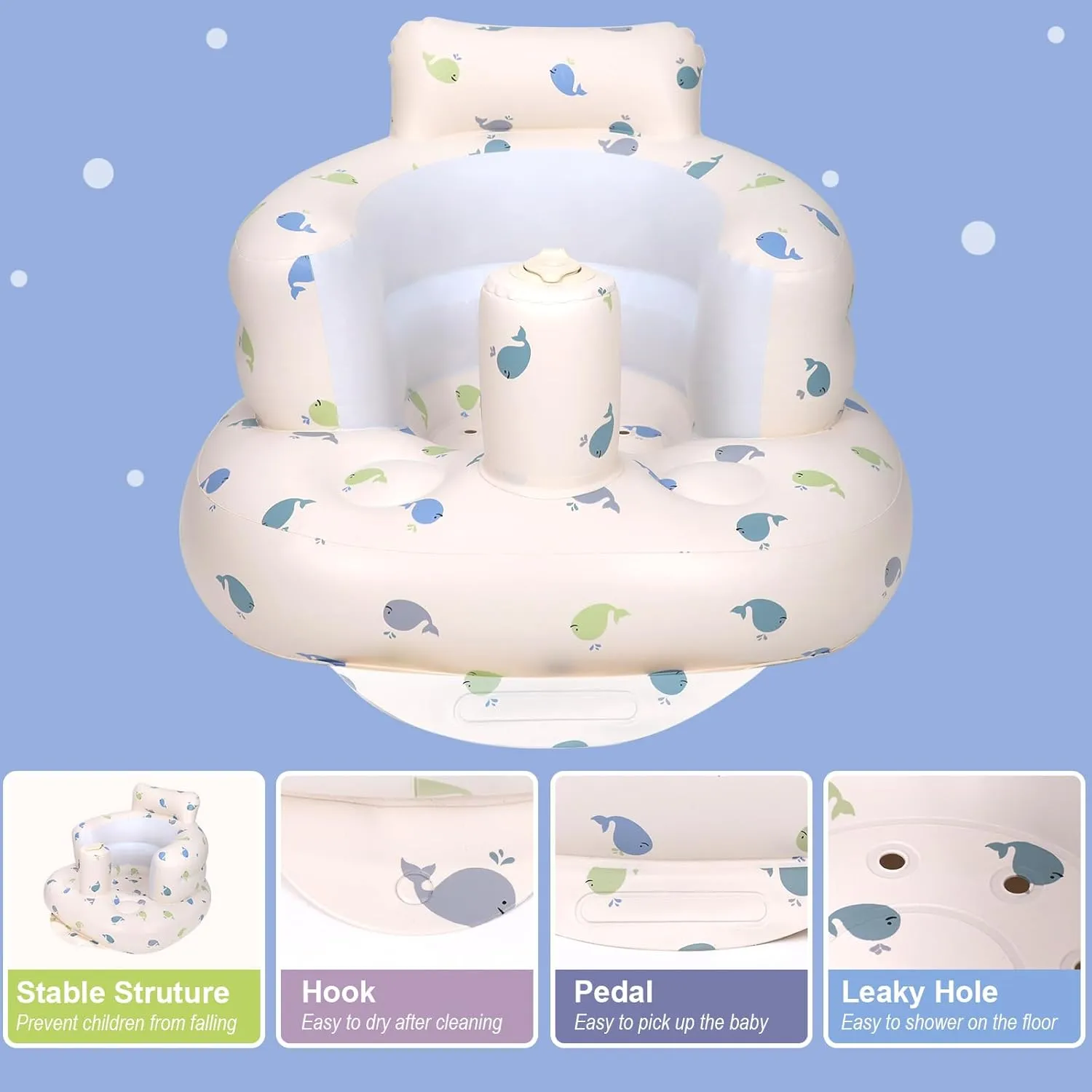 Inflatable Baby Chair, Inflatable Baby Seat for Babies 3 Months and Up, Summer Blow Up Chair with Built in Air Pump, Bumbo Seat for Learning to Sit, Palying, Camping, Whale