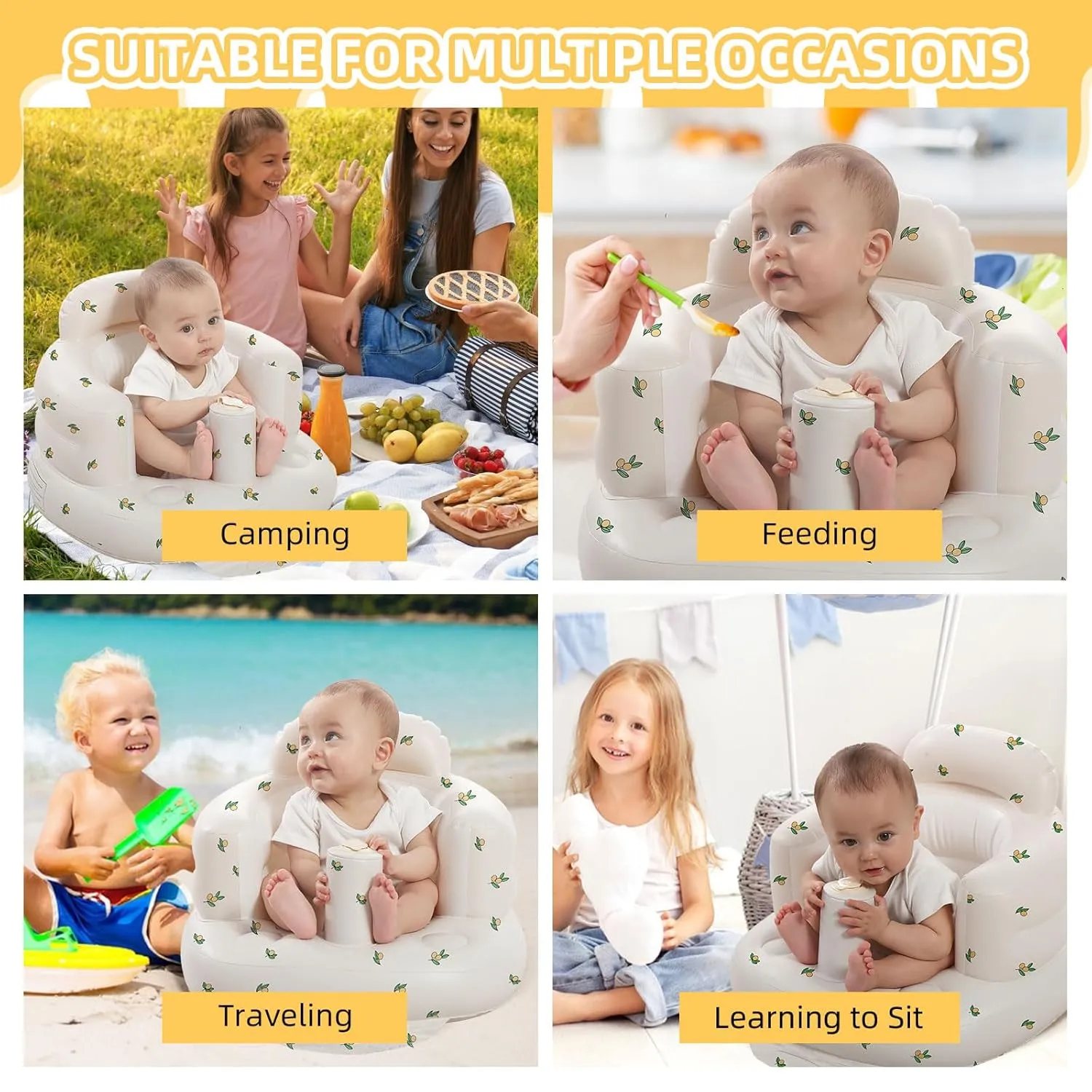 Inflatable Baby Seat for Babies 3-36 Months, Built in Air Pump Baby Chair Sit Me up Floor Seat for Baby, Bumbo Seat for Learning to Sit, Feeding, Camping (Olive)