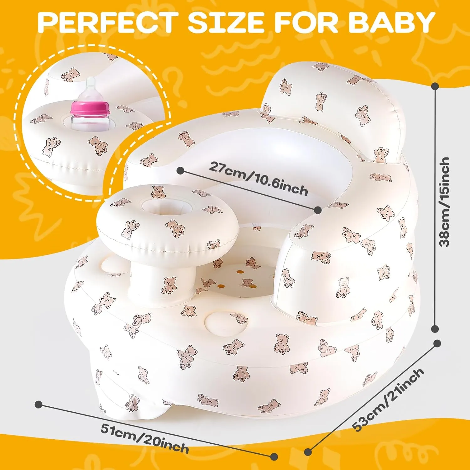 Inflatable Baby Seat for Babies 3-36 Months, Tooktro Blow Up Floor Chair with Built-in Air Pump for Sitting Support, Perfect for Summer and Beach Travel, Inflatable Baby Chair (Bear)