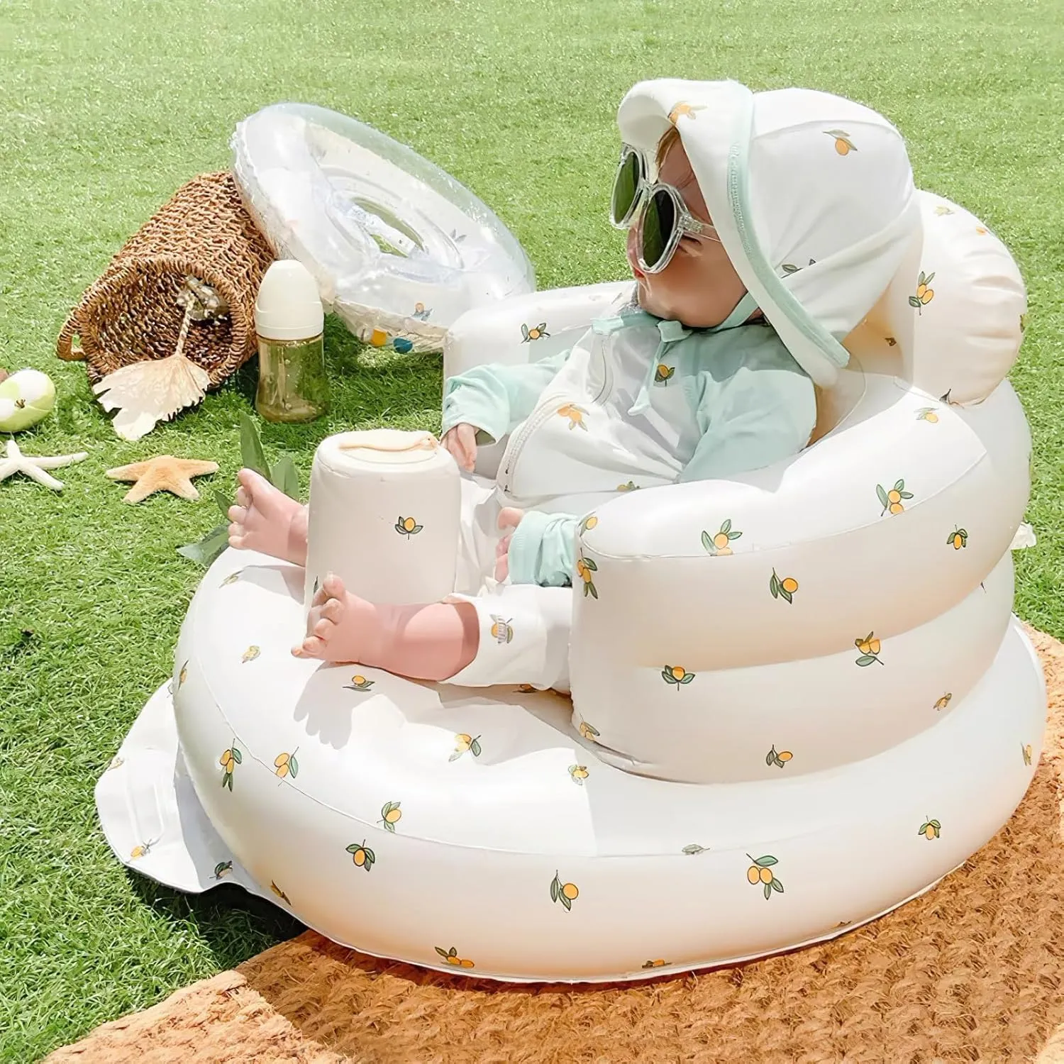 Inflatable Baby Seat for Babies 3 Months & Up, Infant Floor Seats for Sitting Up, Baby Seats for Infants, Blow Up Baby Chair with Built in Air Pump - Olive Flower
