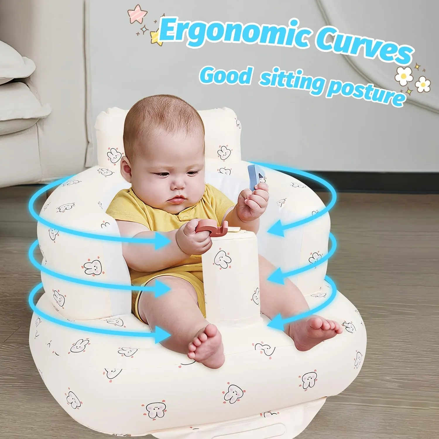 Inflatable Baby Seat for Babies 3 Months and Up, Toddler Floor Seats for Sitting Up, Built in Air Pump Baby Seats for Kids, Blow Up Baby Chair with Back Support - Rabbit