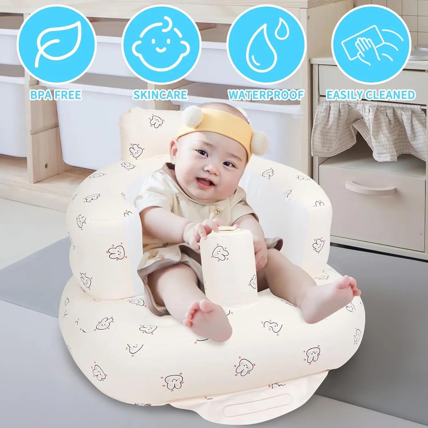 Inflatable Baby Seat for Babies 3 Months and Up, Toddler Floor Seats for Sitting Up, Built in Air Pump Baby Seats for Kids, Blow Up Baby Chair with Back Support - Rabbit