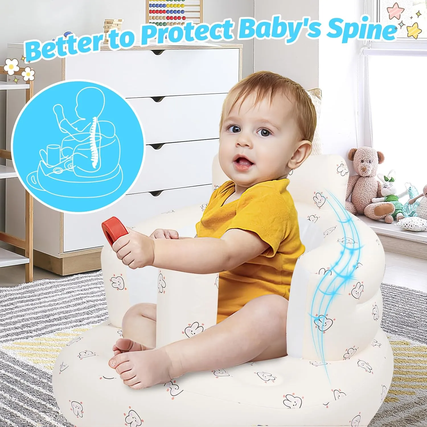 Inflatable Baby Seat for Babies 3 Months and Up, Toddler Floor Seats for Sitting Up, Built in Air Pump Baby Seats for Kids, Blow Up Baby Chair with Back Support - Rabbit
