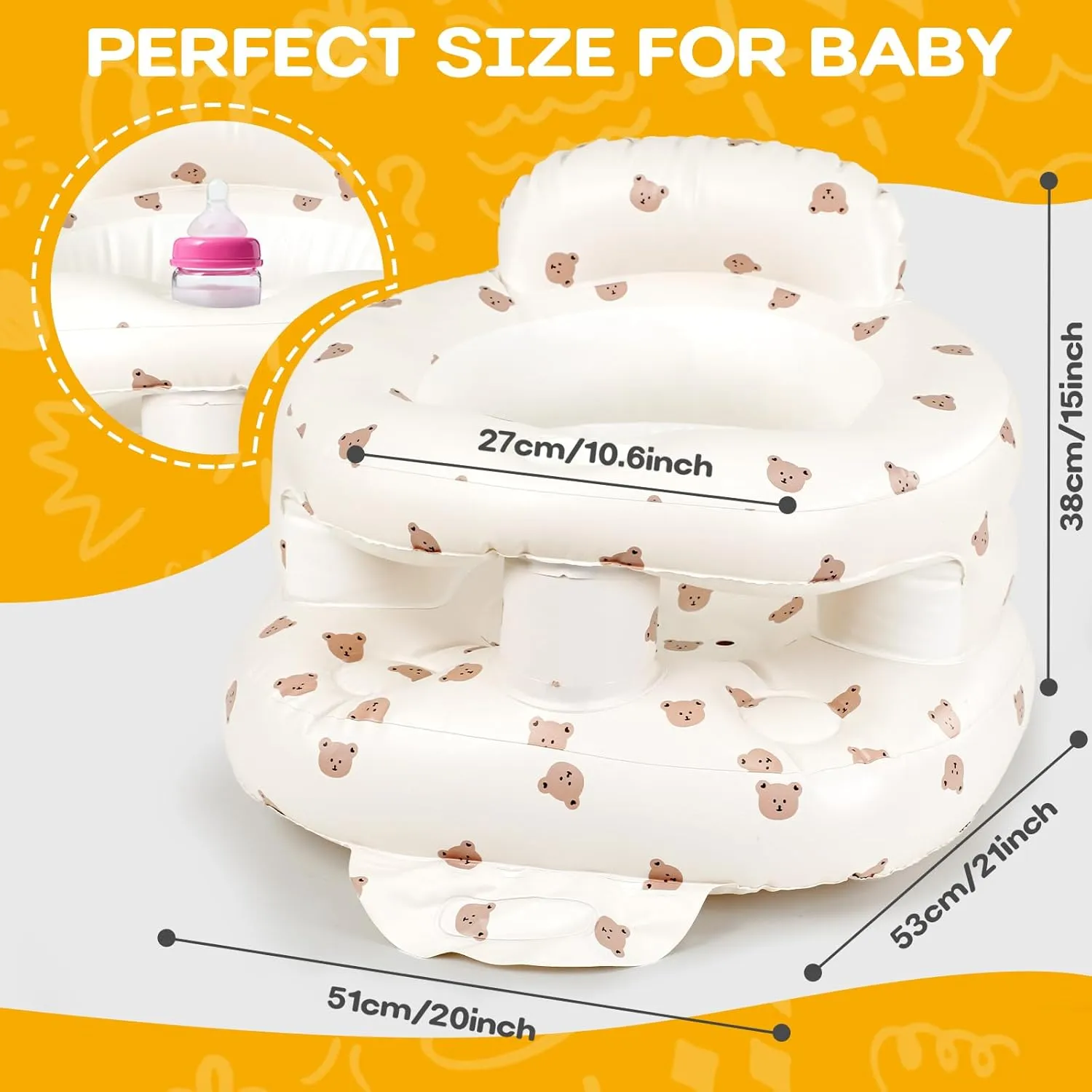 Inflatable Baby Seat for Babies 4-36 Months, Tooktro Blow Up Floor Chair with Built-in Air Pump for Sitting Support, Perfect for Summer and Beach Travel, Full enclosure丨 Inflatable Baby Chair (Bear)