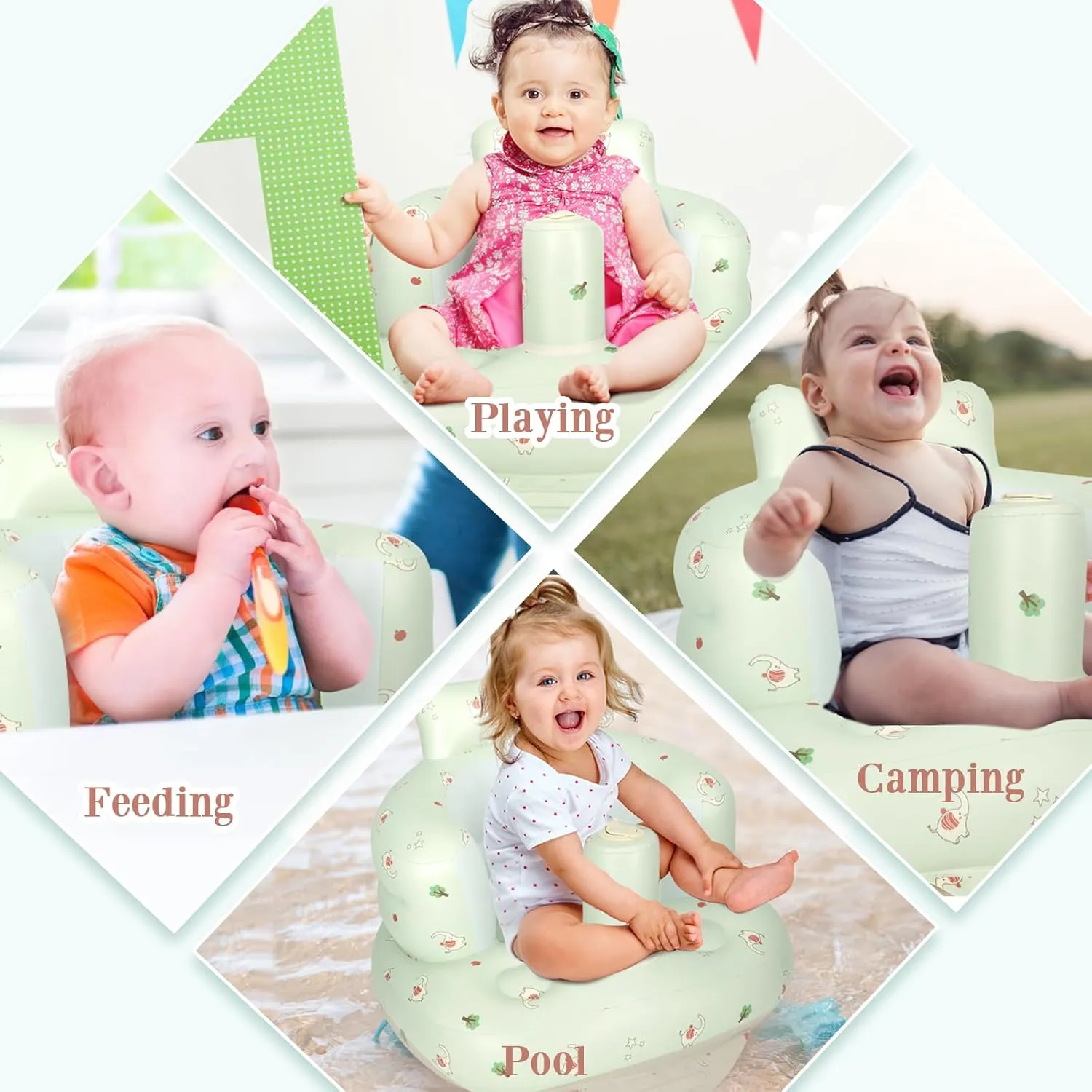 Inflatable Baby Seat, Inflatable Baby Chair for Babies 3 Months and Up, Summer Blow Up Chair with Built in Air Pump, Infant Floor Seats for Learning to Sit, Palying, Camping, Elephant