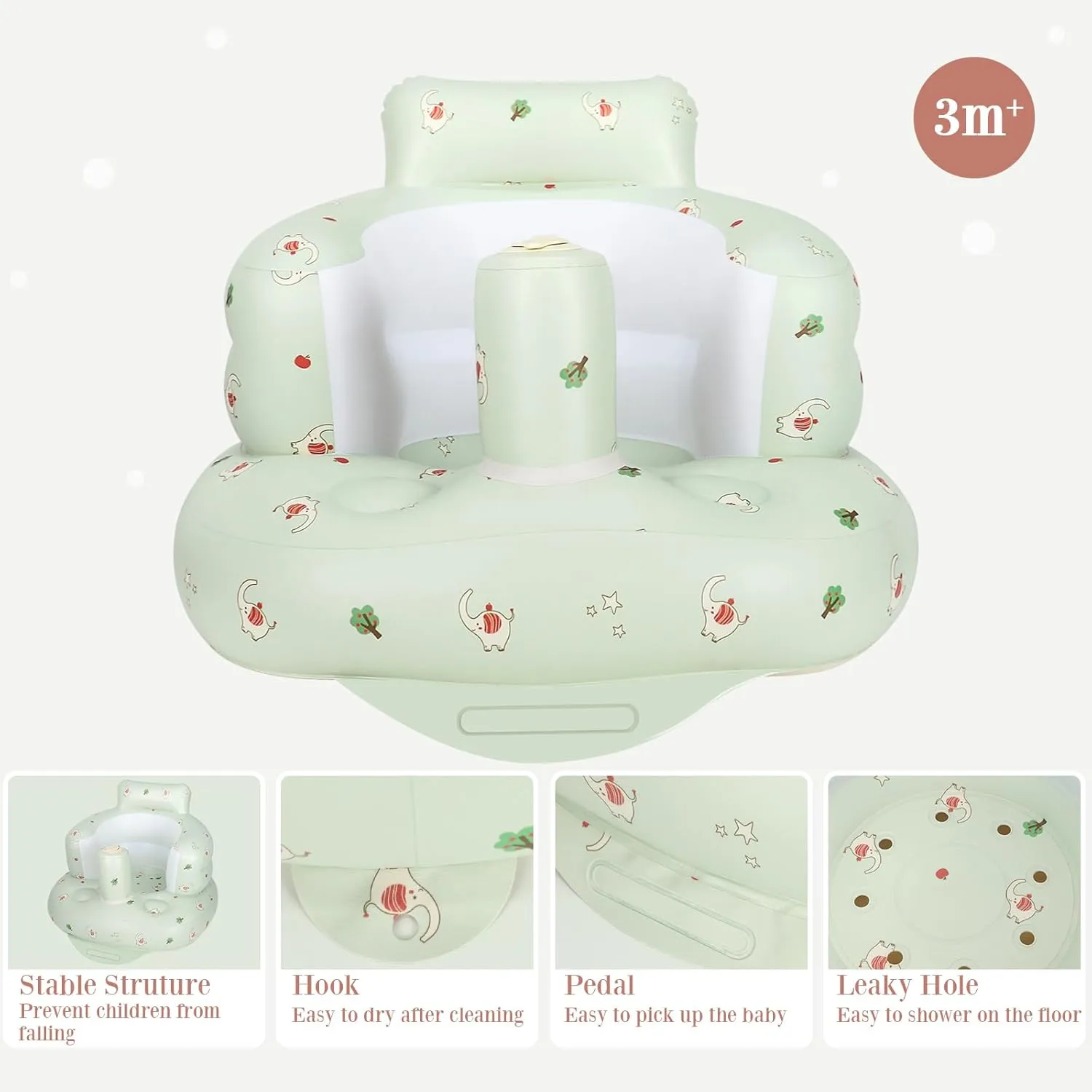 Inflatable Baby Seat, Inflatable Baby Chair for Babies 3 Months and Up, Summer Blow Up Chair with Built in Air Pump, Infant Floor Seats for Learning to Sit, Palying, Camping, Elephant