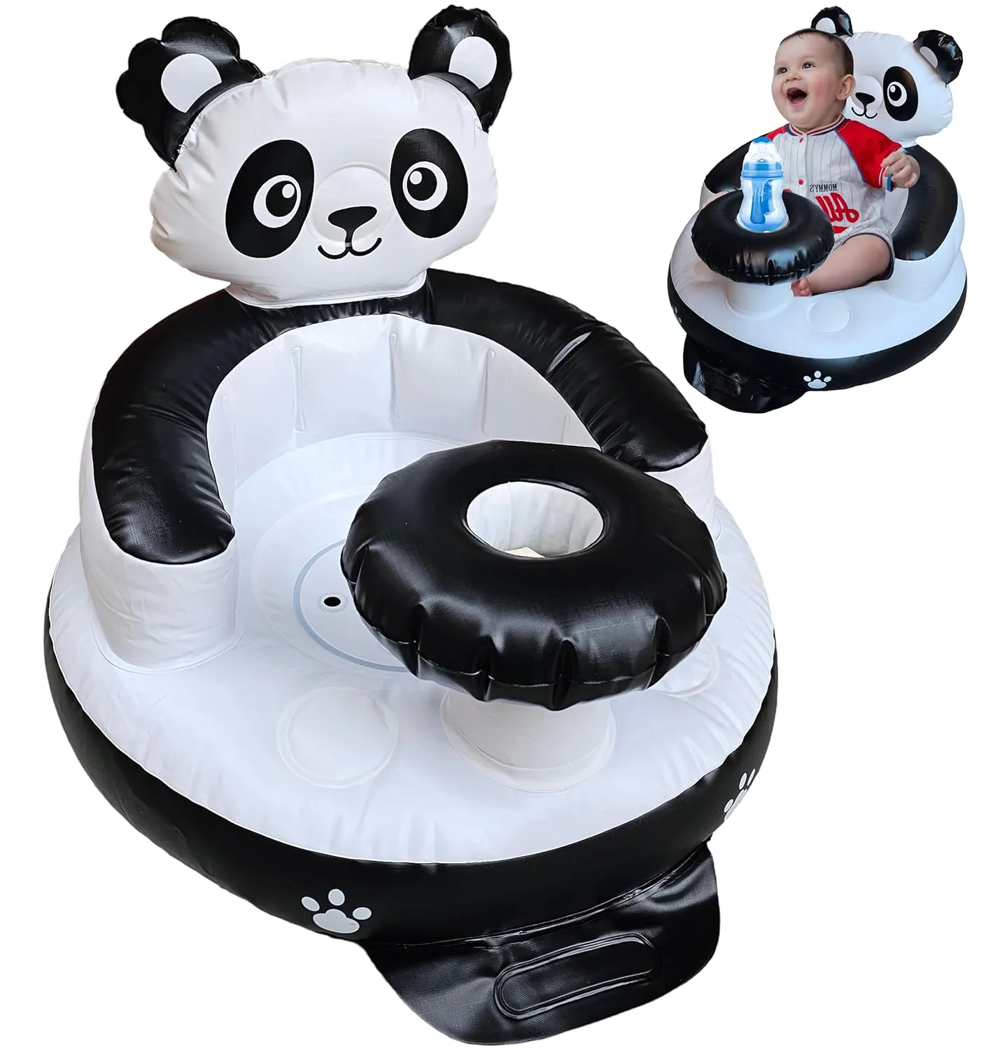 Inflatable Baby Seat with Tray – Comfortable Sit-Me-Up Chair, Built-in Air Pump, Soft Blow-Up Floor Seat with Back Support for Infants Learning to Sit 3 Months & Up (Panda)