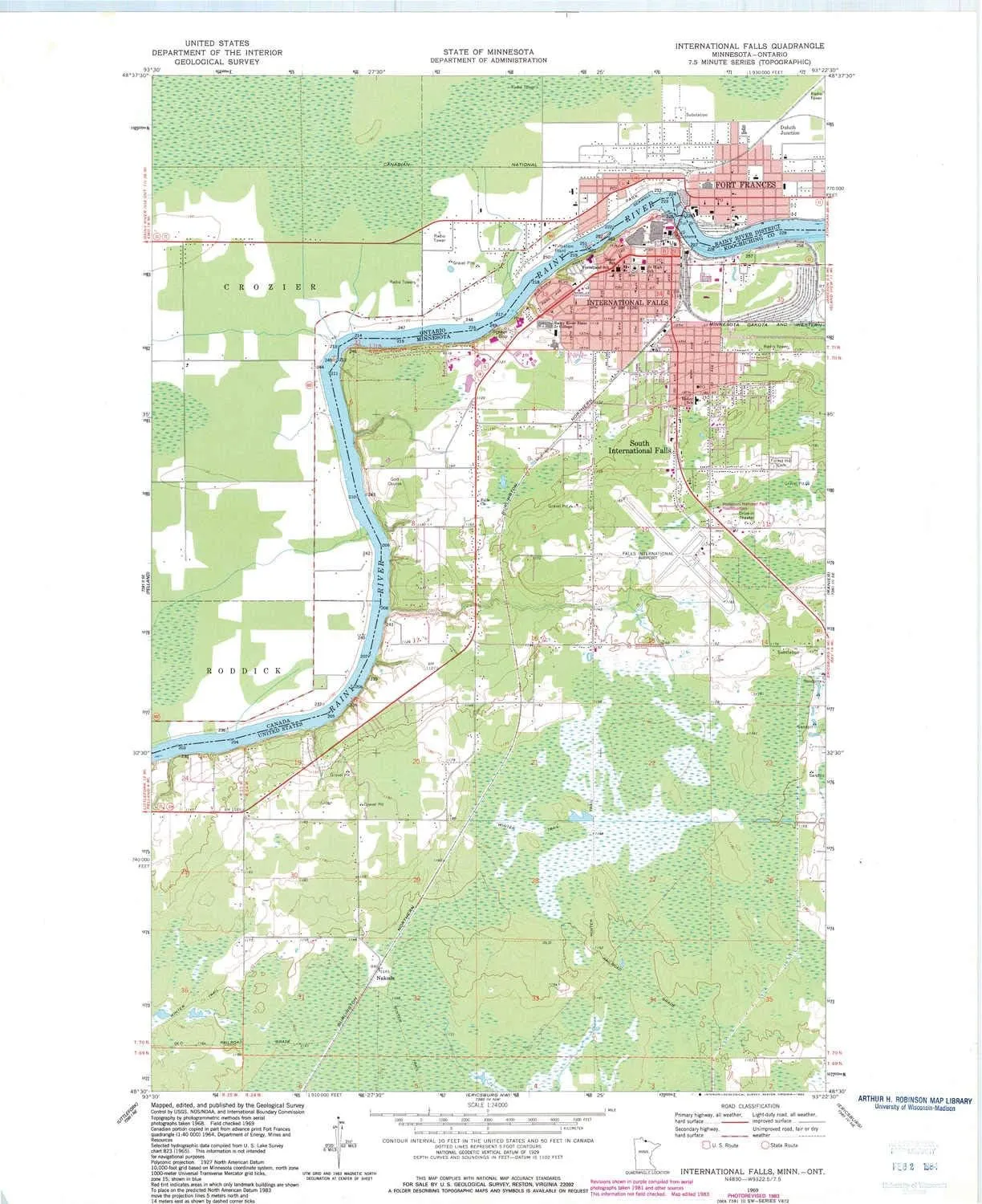 International Falls MN topo map, 1:24000 Scale, 7.5 X 7.5 Minute, Historical, 1969, Updated 1983, 27.23 x 21.53 in