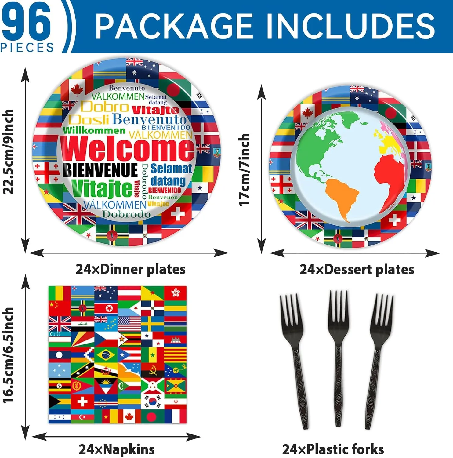 International Flags Welcome Party Plates Napkins Forks World Flags Tableware Around the World Globe Dinnerware Travel Trip Supply for Sports Events Club Classroom Birthday Parties Decoration Serve 24