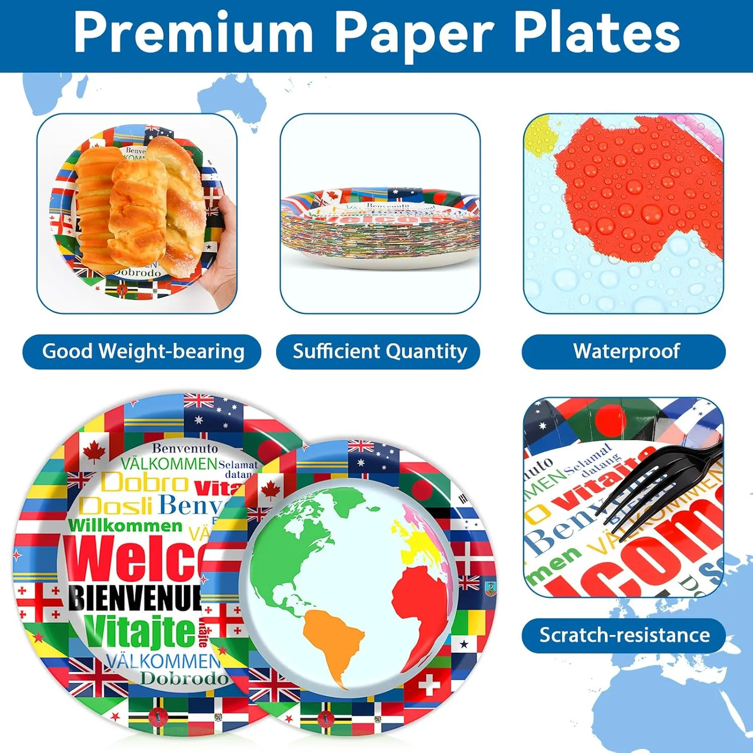 International Flags Welcome Party Plates Napkins Forks World Flags Tableware Around the World Globe Dinnerware Travel Trip Supply for Sports Events Club Classroom Birthday Parties Decoration Serve 24