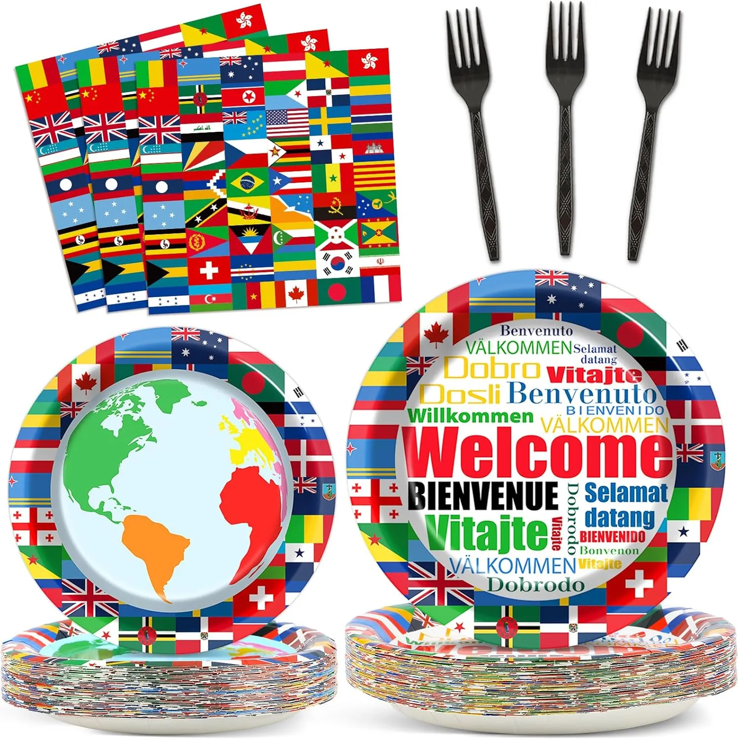 International Flags Welcome Party Plates Napkins Forks World Flags Tableware Around the World Globe Dinnerware Travel Trip Supply for Sports Events Club Classroom Birthday Parties Decoration Serve 24