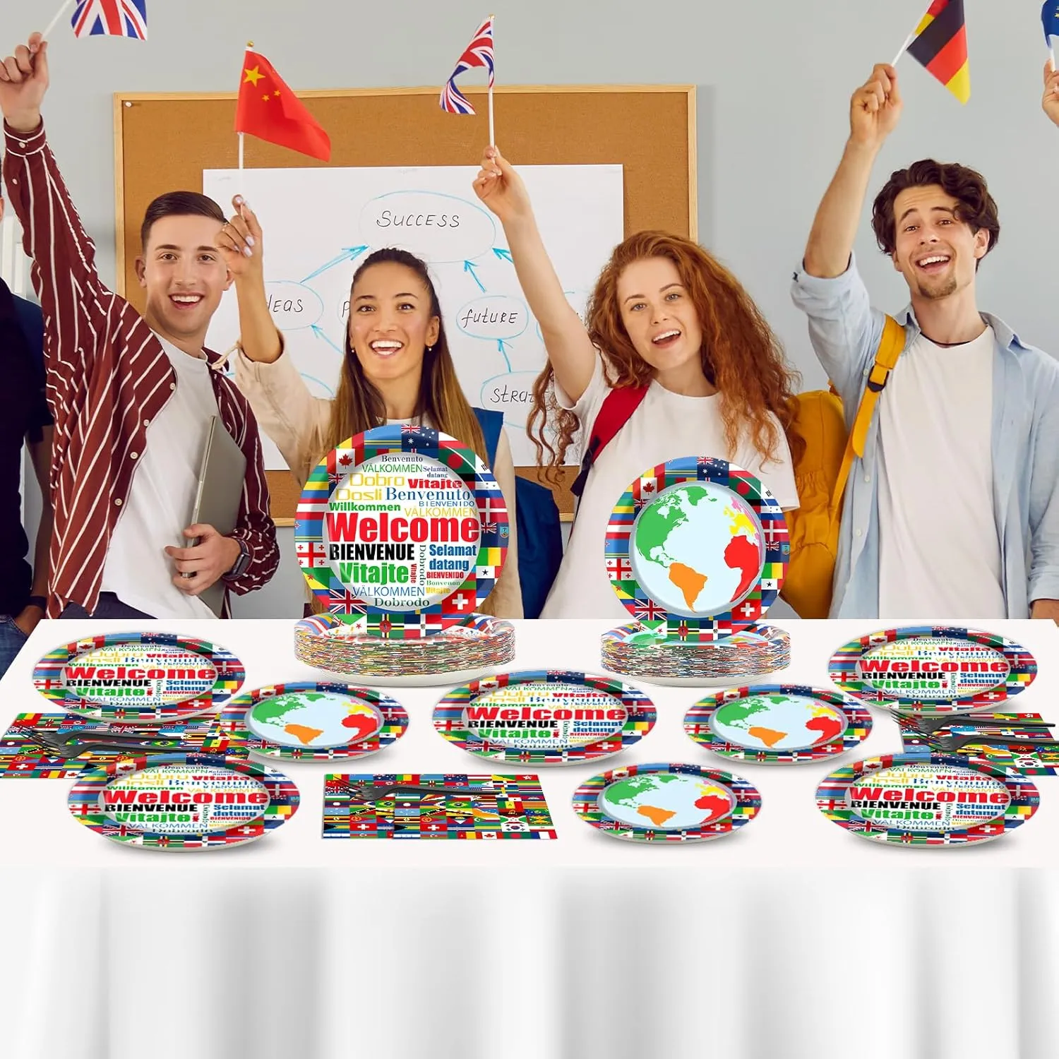 International Flags Welcome Party Plates Napkins Forks World Flags Tableware Around the World Globe Dinnerware Travel Trip Supply for Sports Events Club Classroom Birthday Parties Decoration Serve 24