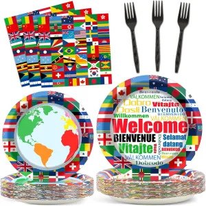 International Flags Welcome Party Plates Napkins Forks World Flags Tableware Around the World Globe Dinnerware Travel Trip Supply for Sports Events Club Classroom Birthday Parties Decoration Serve 24