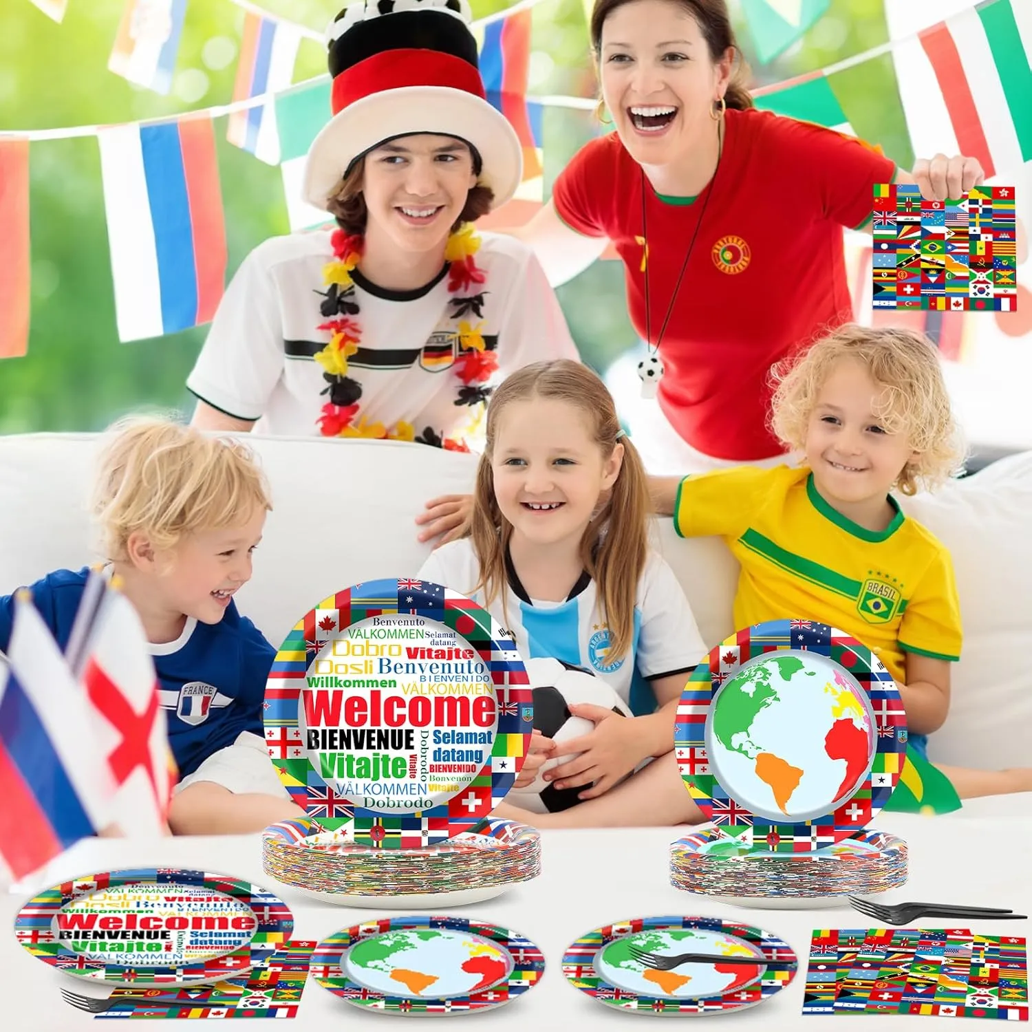 International Flags Welcome Party Plates Napkins Forks World Flags Tableware Around the World Globe Dinnerware Travel Trip Supply for Sports Events Club Classroom Birthday Parties Decoration Serve 24