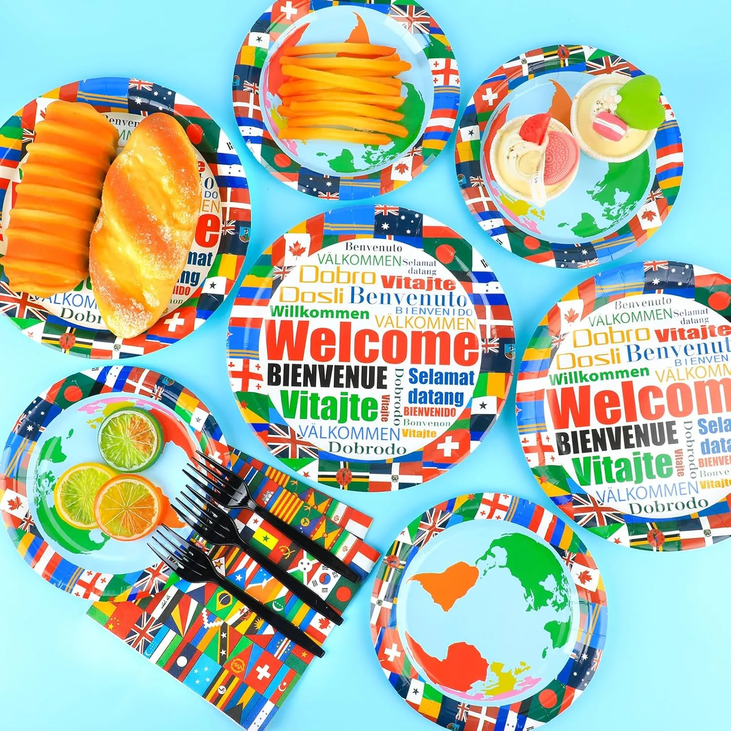 International Flags Welcome Party Plates Napkins Forks World Flags Tableware Around the World Globe Dinnerware Travel Trip Supply for Sports Events Club Classroom Birthday Parties Decoration Serve 24