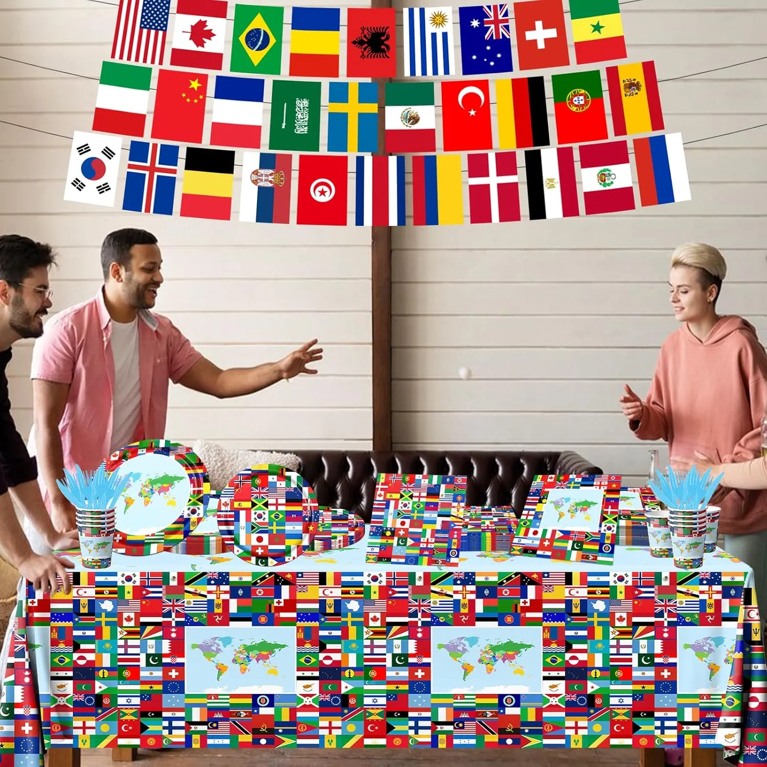 International World Flags Tableware Set, 142Pcs International Flags Decorations Plates and Napkins, Cups,Banner,Flags Tablecloth for Travel Trip Around the Globe Retirement Party