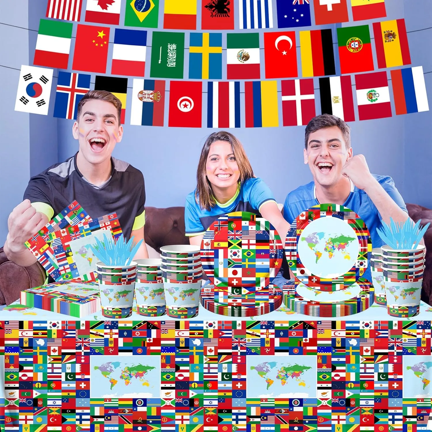 International World Flags Tableware Set, 142Pcs International Flags Decorations Plates and Napkins, Cups,Banner,Flags Tablecloth for Travel Trip Around the Globe Retirement Party