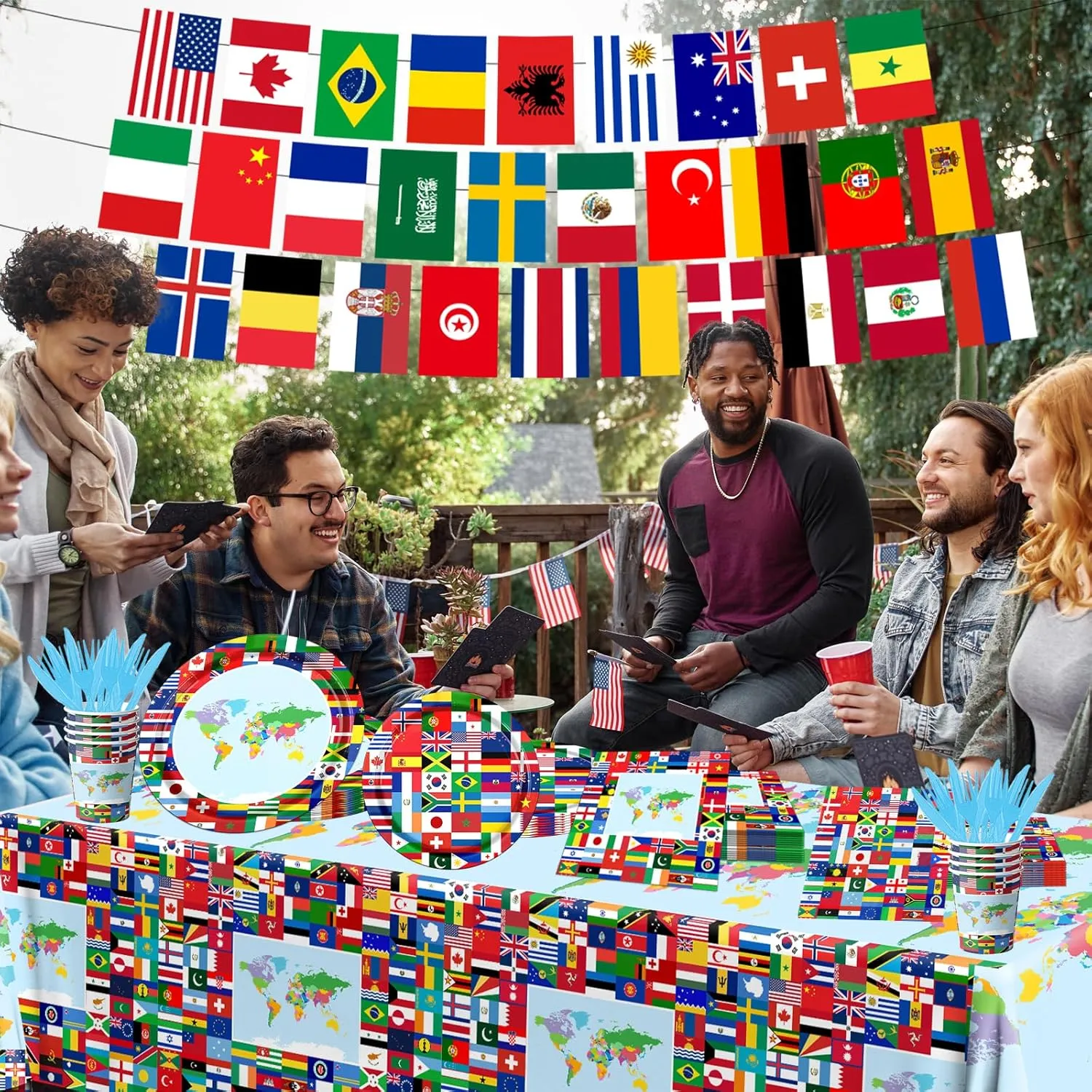 International World Flags Tableware Set, 142Pcs International Flags Decorations Plates and Napkins, Cups,Banner,Flags Tablecloth for Travel Trip Around the Globe Retirement Party