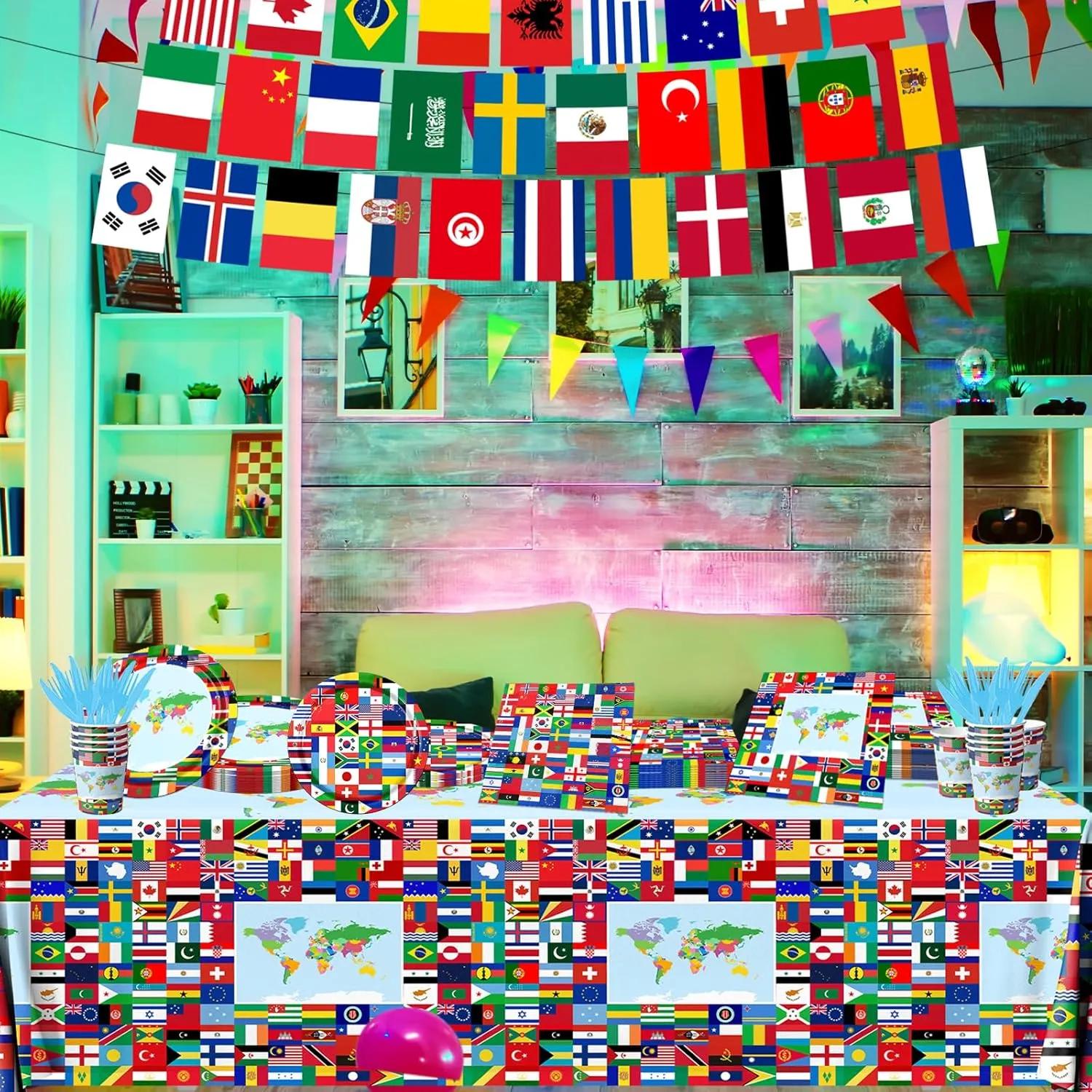 International World Flags Tableware Set, 142Pcs International Flags Decorations Plates and Napkins, Cups,Banner,Flags Tablecloth for Travel Trip Around the Globe Retirement Party