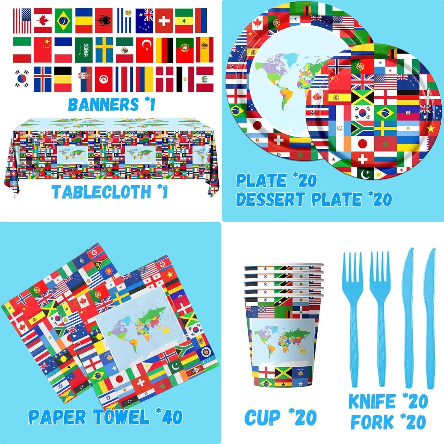 International World Flags Tableware Set, 142Pcs International Flags Decorations Plates and Napkins, Cups,Banner,Flags Tablecloth for Travel Trip Around the Globe Retirement Party